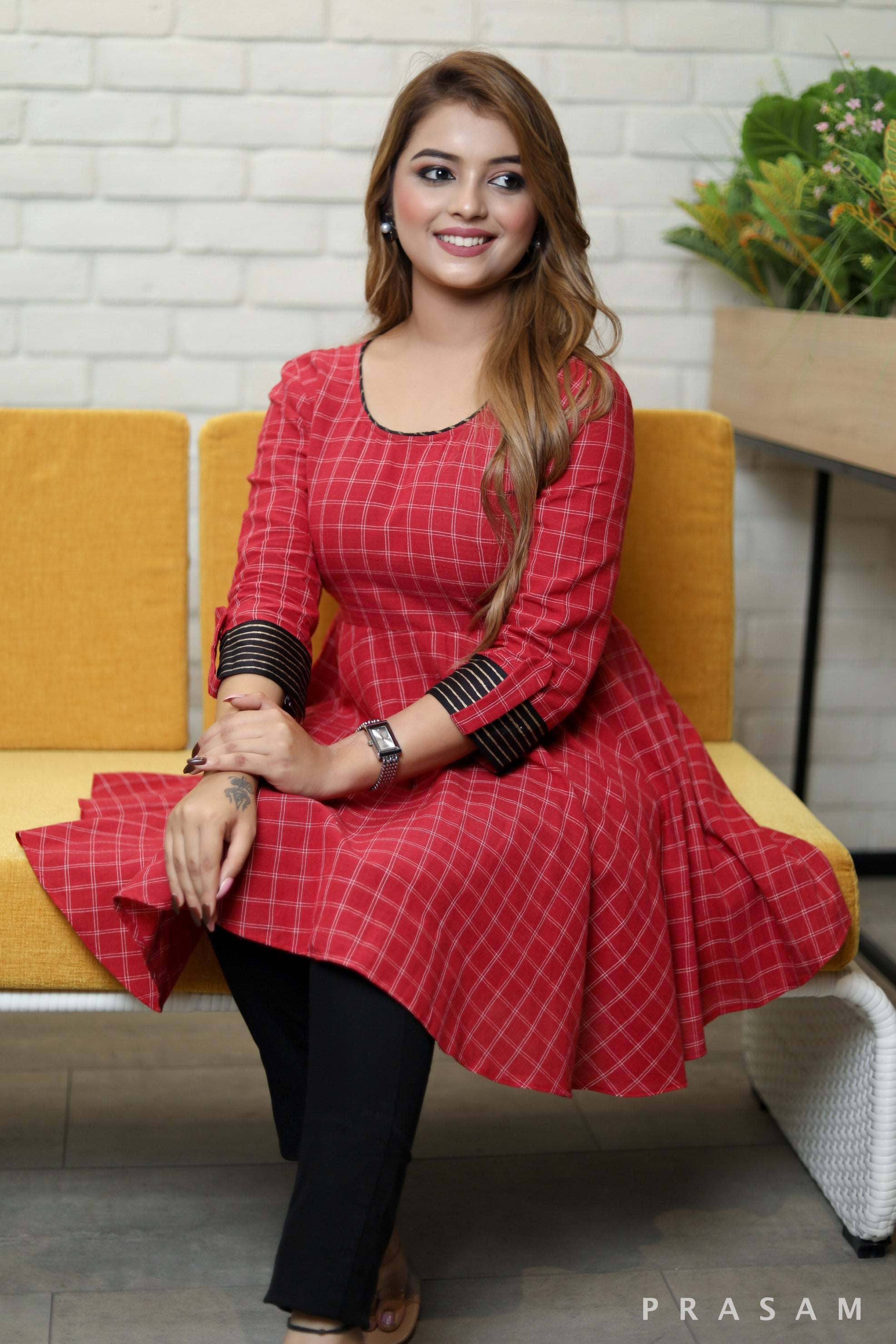 Brick Bliss Classic earthy maroon handloom checks peplum tunic with block print detalings at sleeve