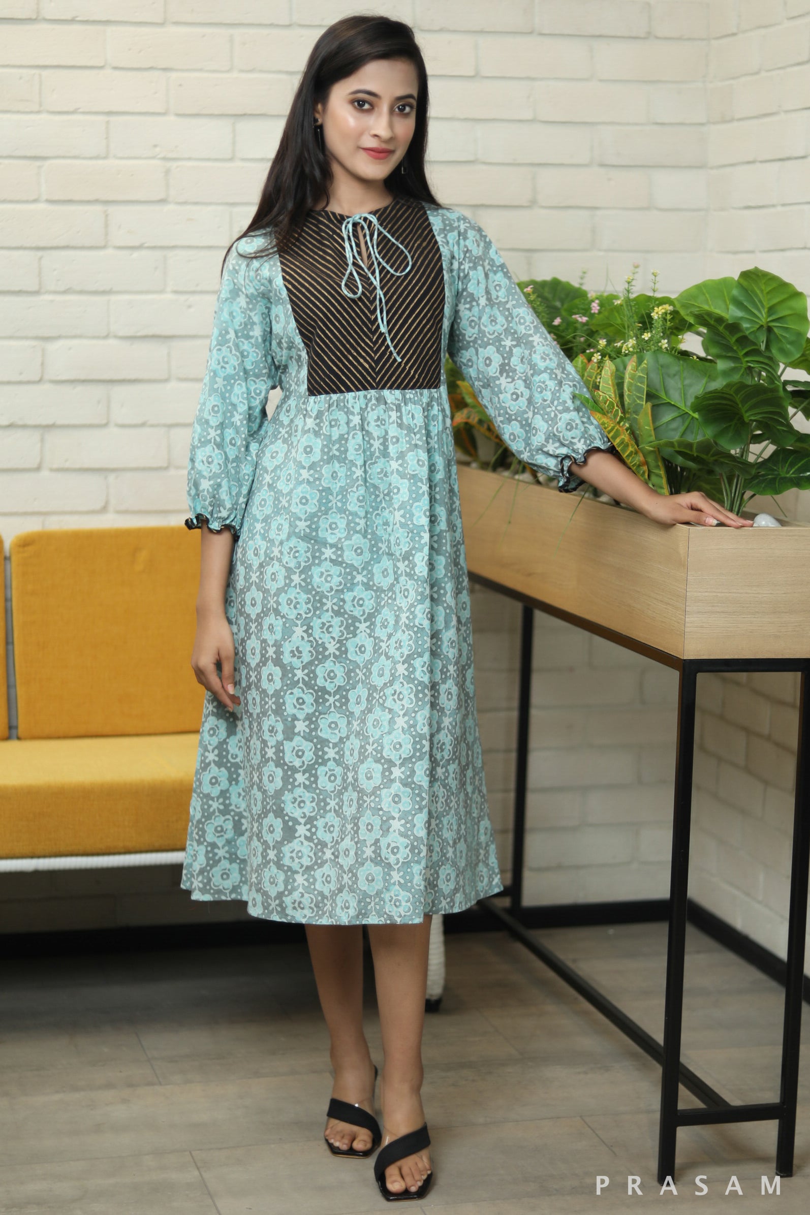 Green illusion smart cotton blue printed dress with block print yoke detailing