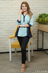 Artful Twine Casual cotton blue printed tunic with navy panel & coin detailing