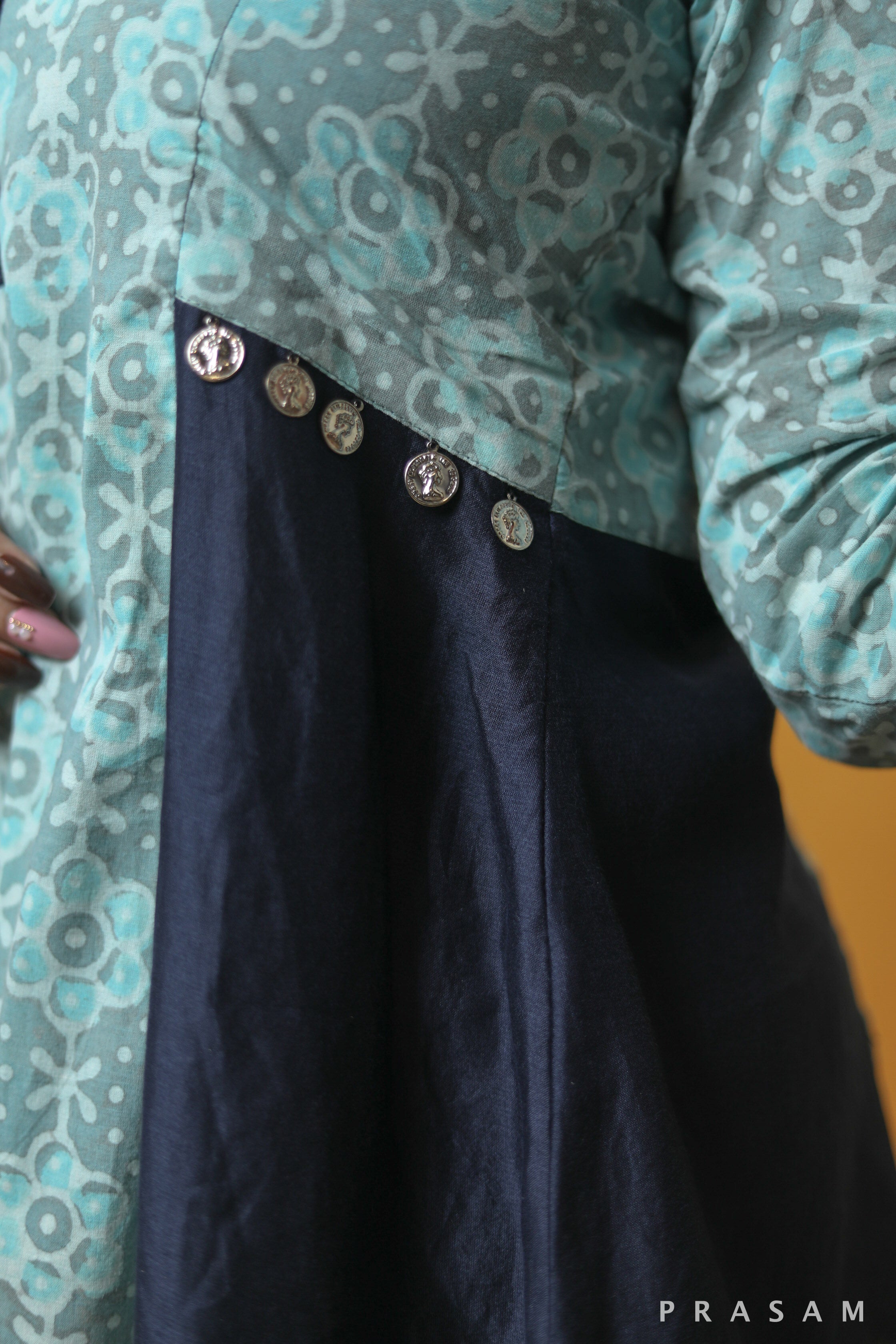 Artful Twine Casual cotton blue printed tunic with navy panel & coin detailing