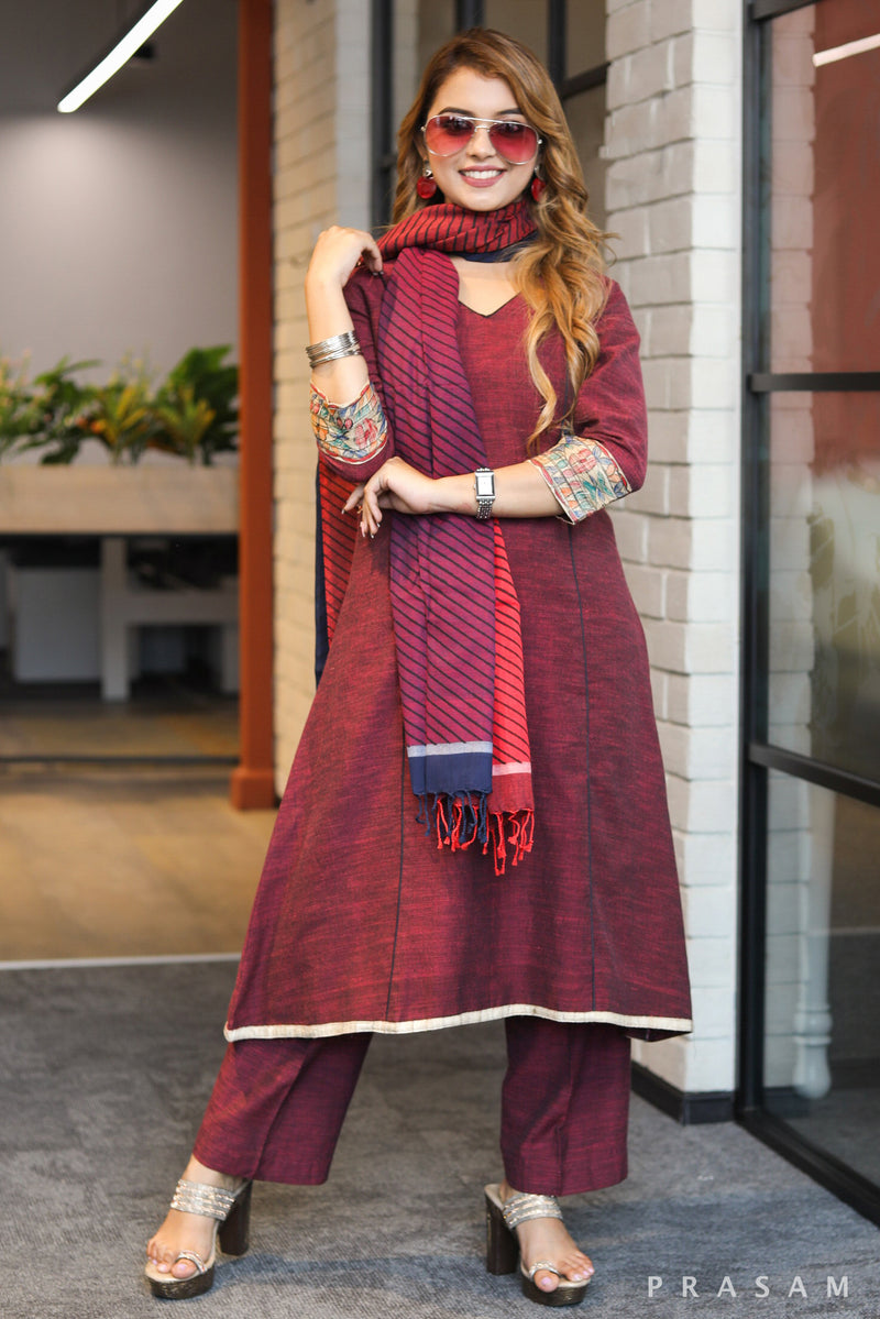 Maroon magic classy maroon cotton handloom with pure kalamkari print detail - Pant optional