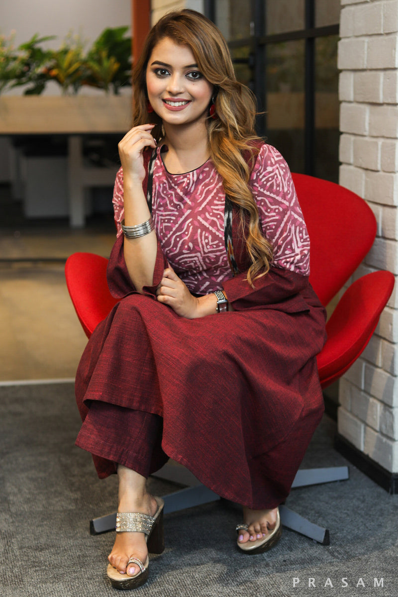 Dhriti trendy A line handloom maroon kurti with pink printed yoke and ikat - Pant optional