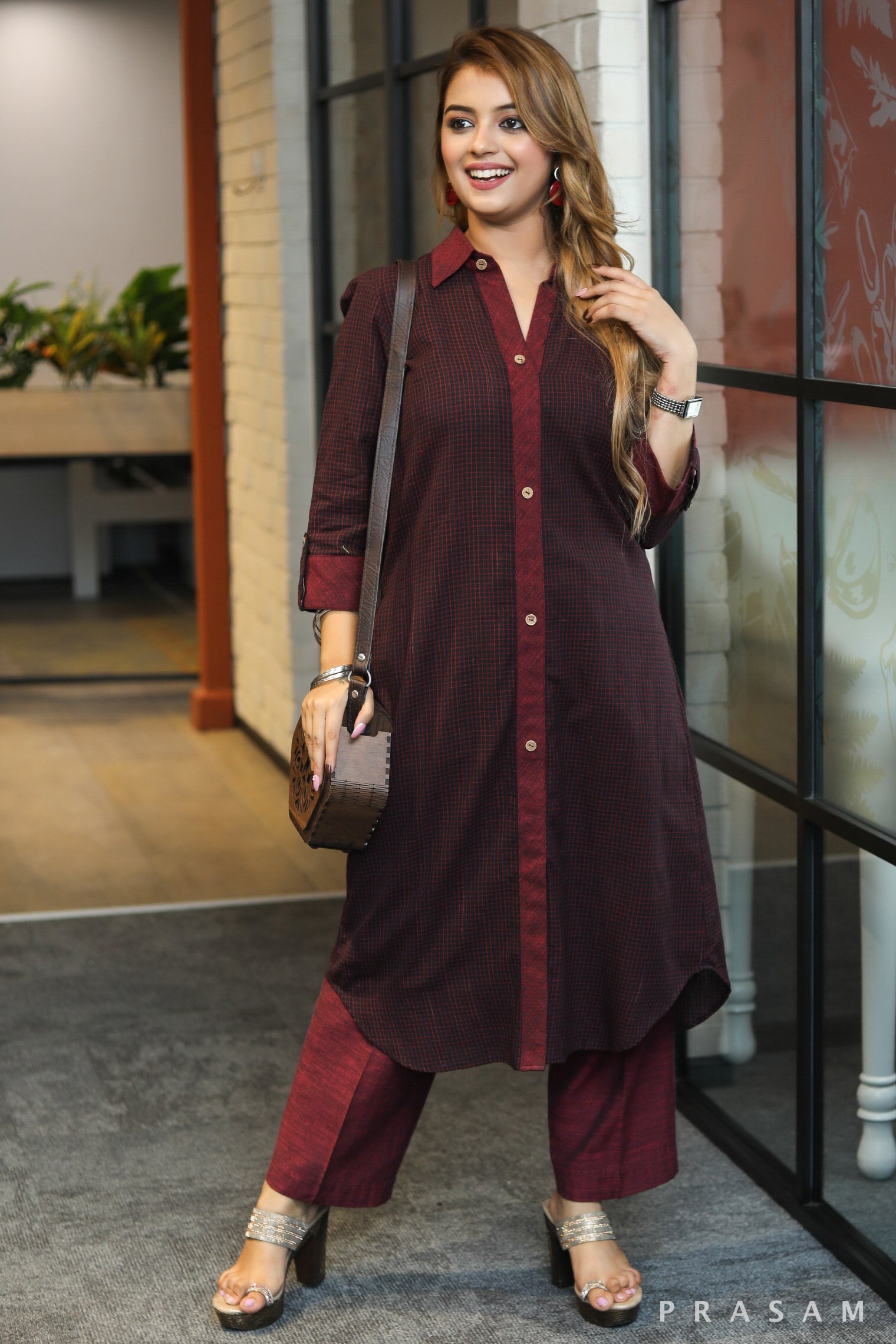 Trendsetter threads classic shirt style black & maroon handloom checks kurti with maroon detailing- pant optional