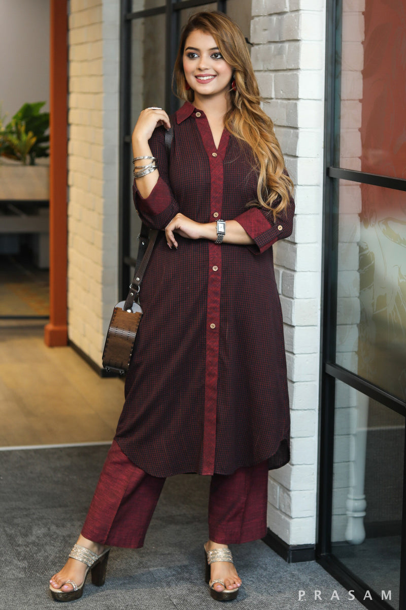 Trendsetter threads classic shirt style black & maroon handloom checks kurti with maroon detailing- pant optional