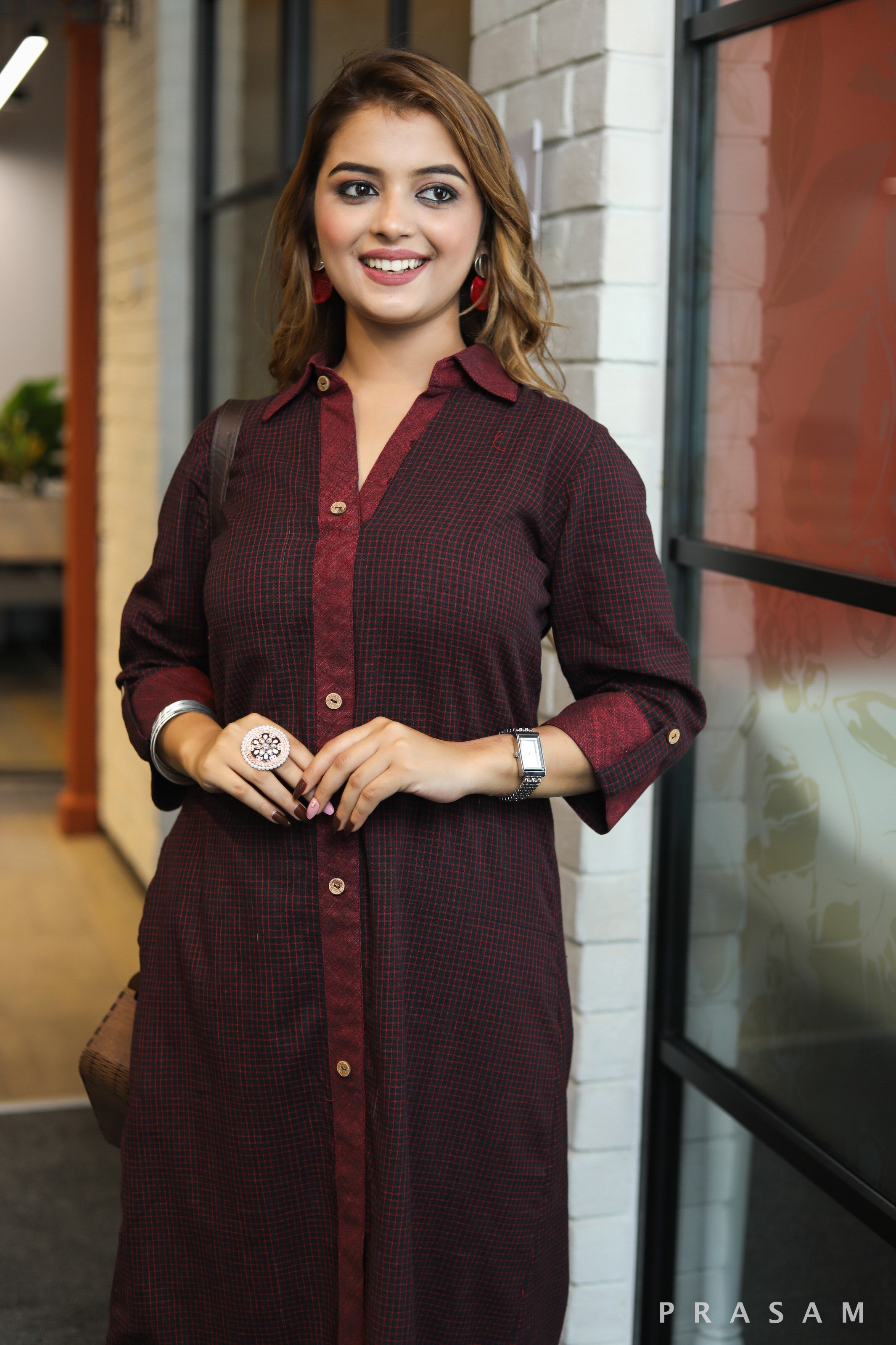 Trendsetter threads classic shirt style black & maroon handloom checks kurti with maroon detailing- pant optional