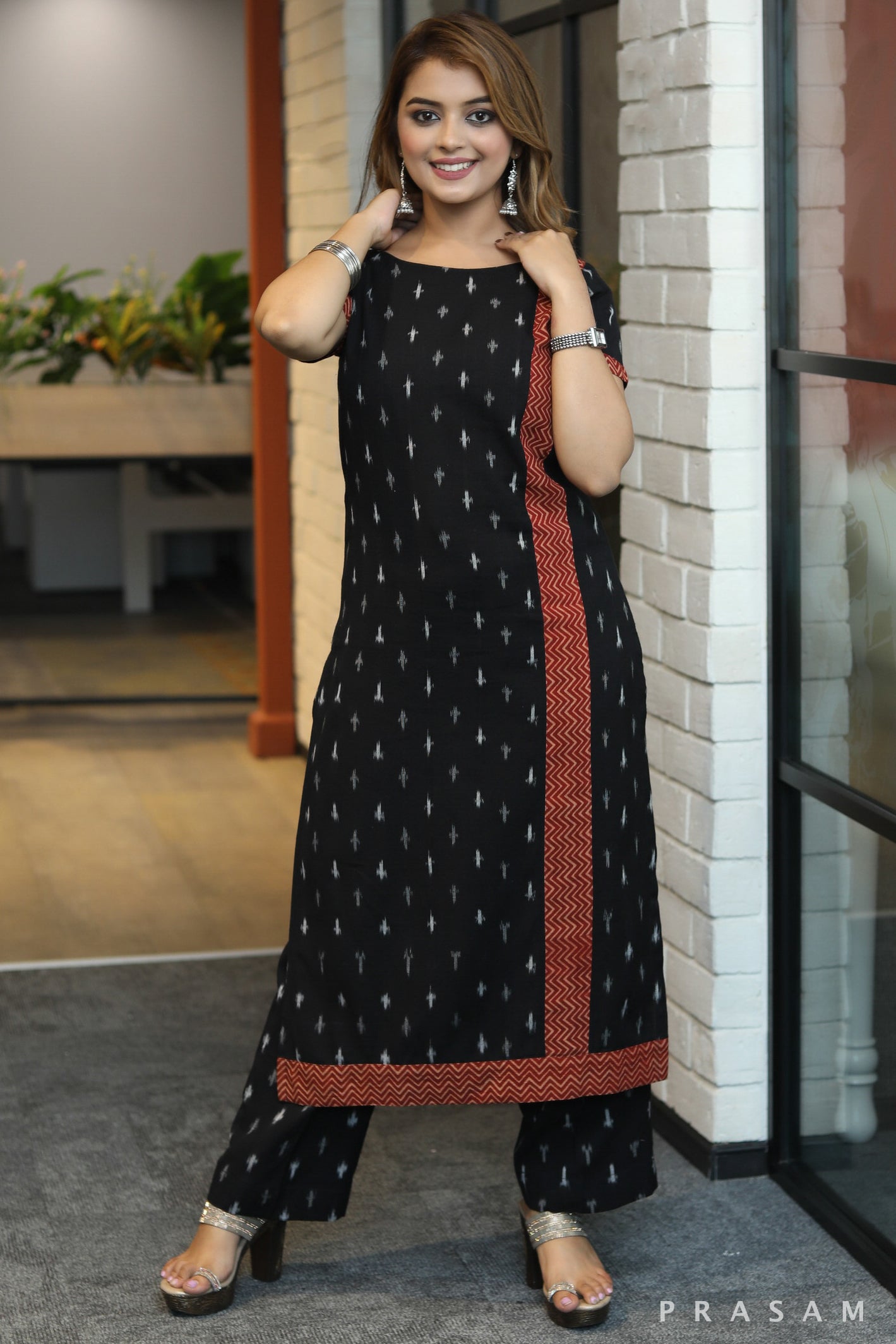 Crafty tales elegant handloom black ikat with red ajrakh border kurta - Pant optional