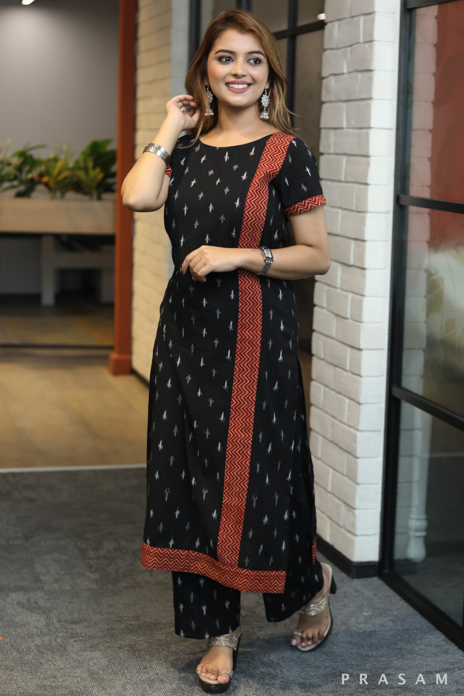 Crafty tales elegant handloom black ikat with red ajrakh border kurta - Pant optional