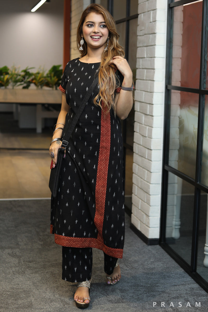 Crafty tales elegant handloom black ikat with red ajrakh border kurta - Pant optional