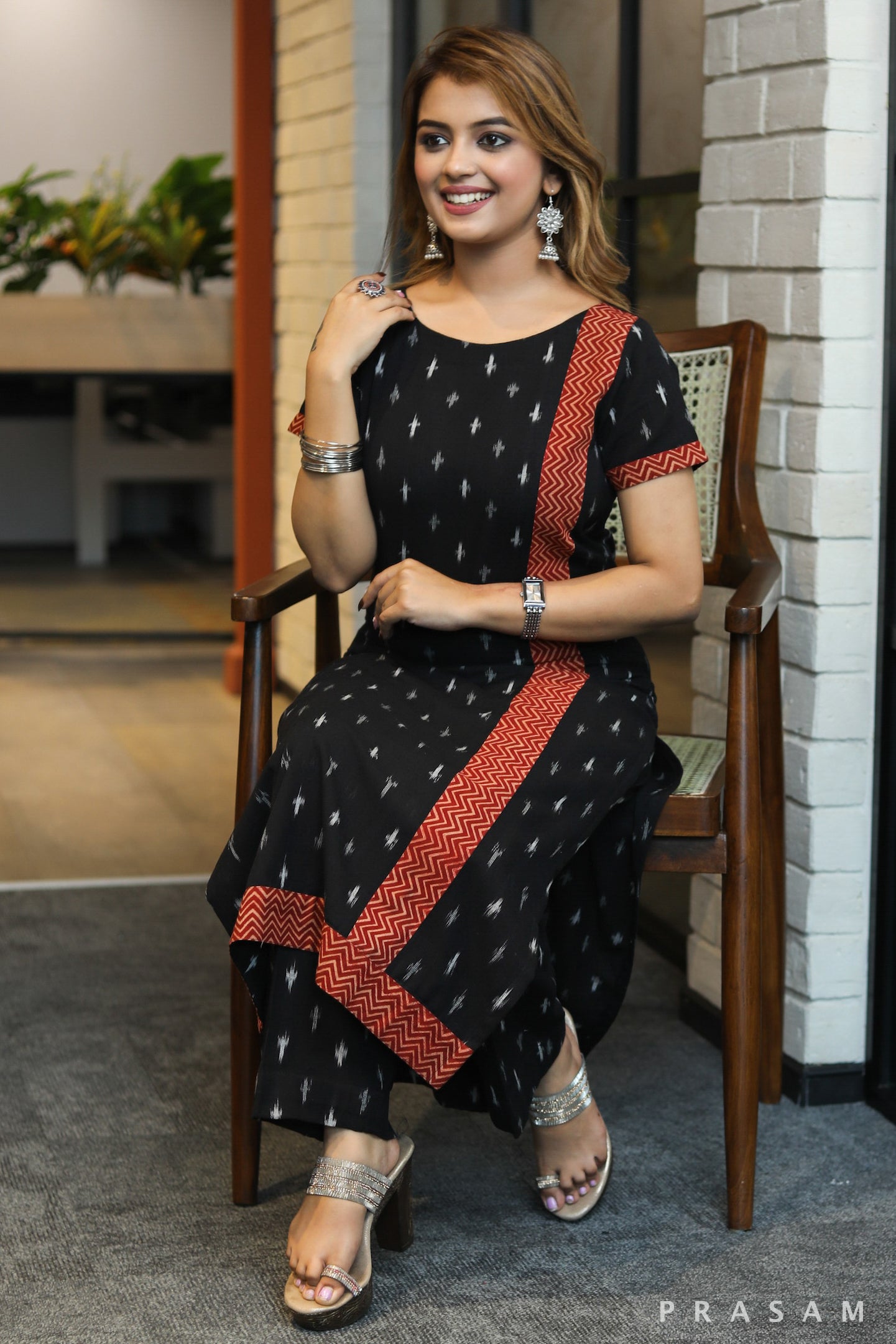 Crafty tales elegant handloom black ikat with red ajrakh border kurta - Pant optional