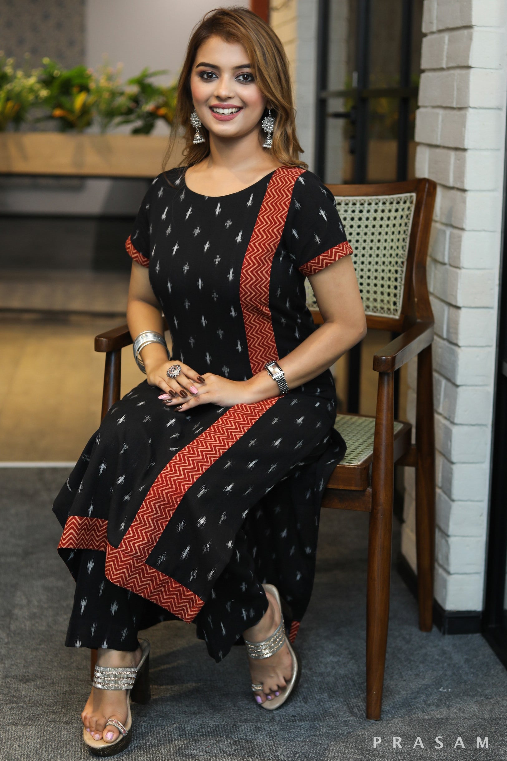 Crafty tales elegant handloom black ikat with red ajrakh border kurta - Pant optional