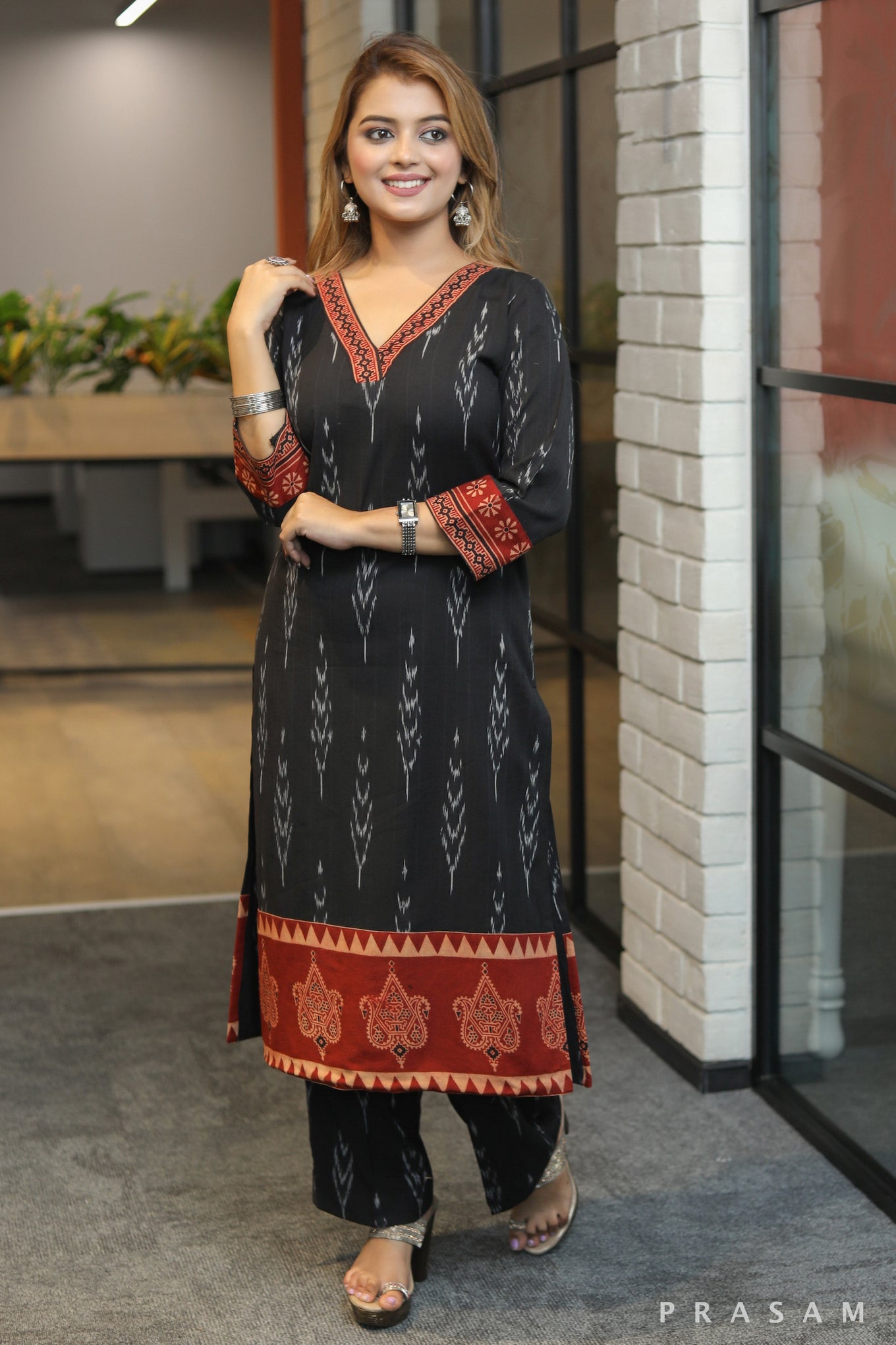 Rustic roots smart black ikat handloom kurti with maroon ajrakh details (Pant Optional)