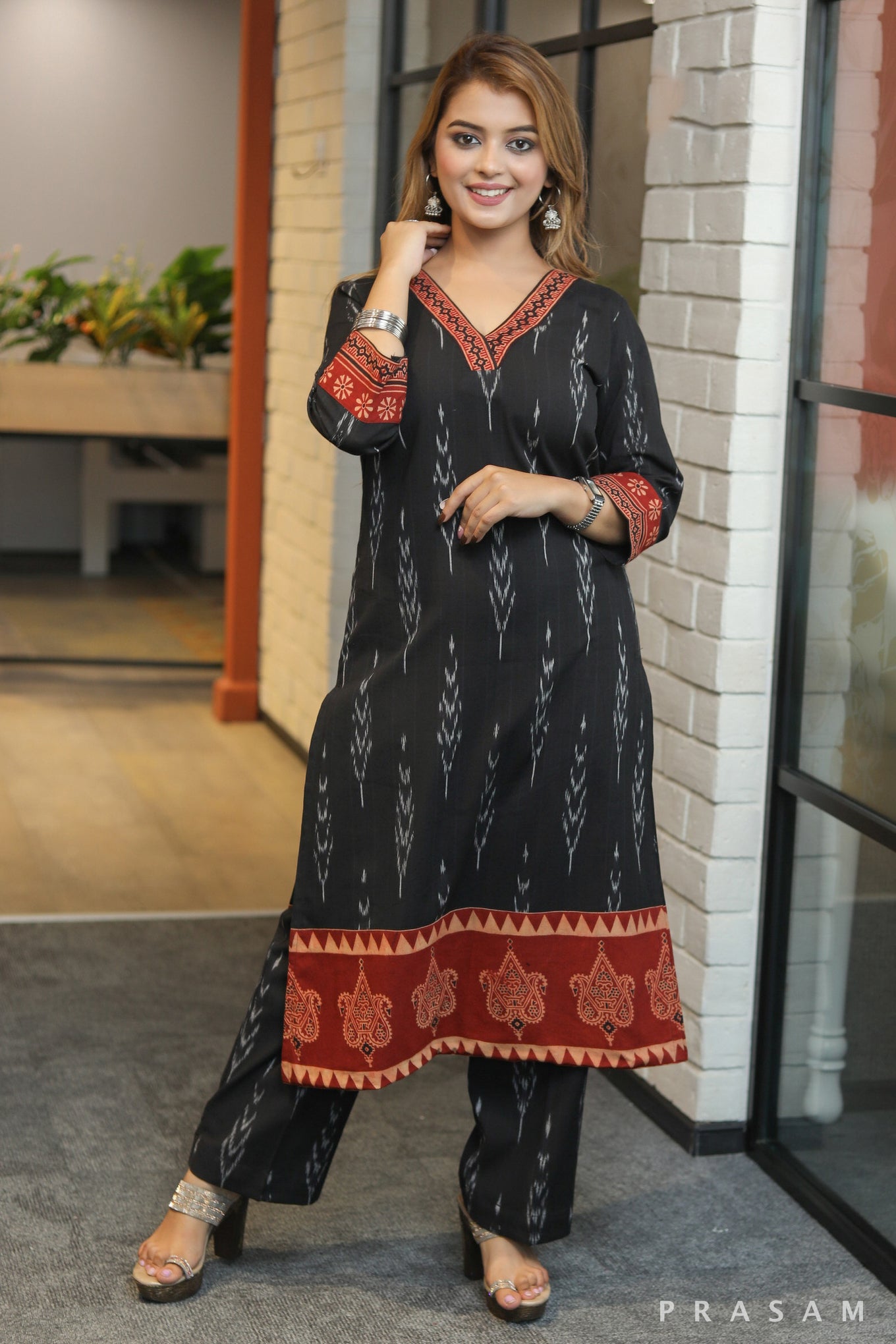 Rustic roots smart black ikat handloom kurti with maroon ajrakh details (Pant Optional)