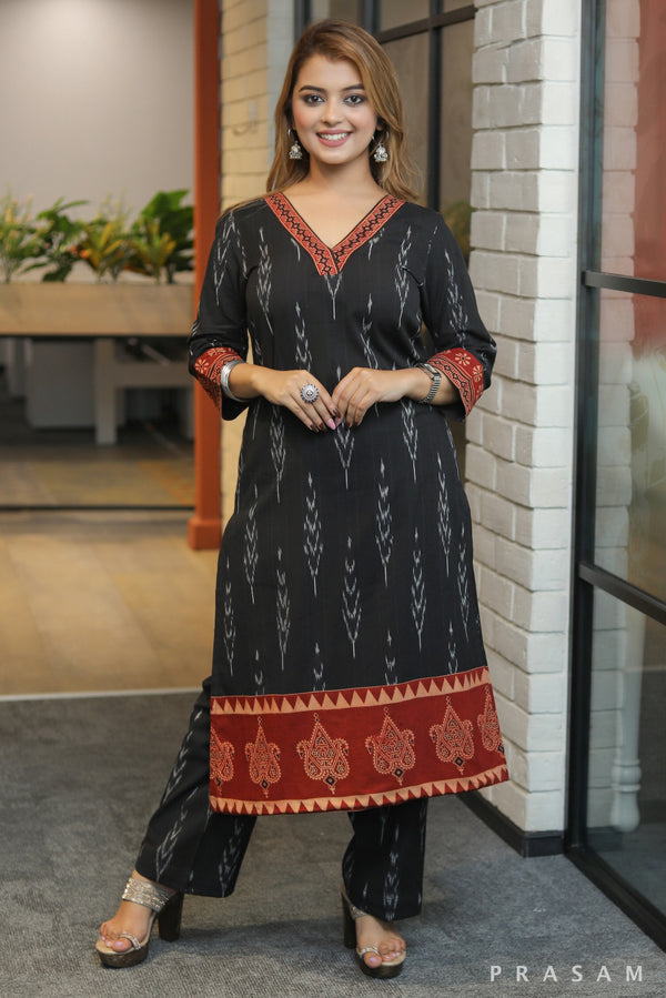 Rustic roots smart black ikat handloom kurti with maroon ajrakh details