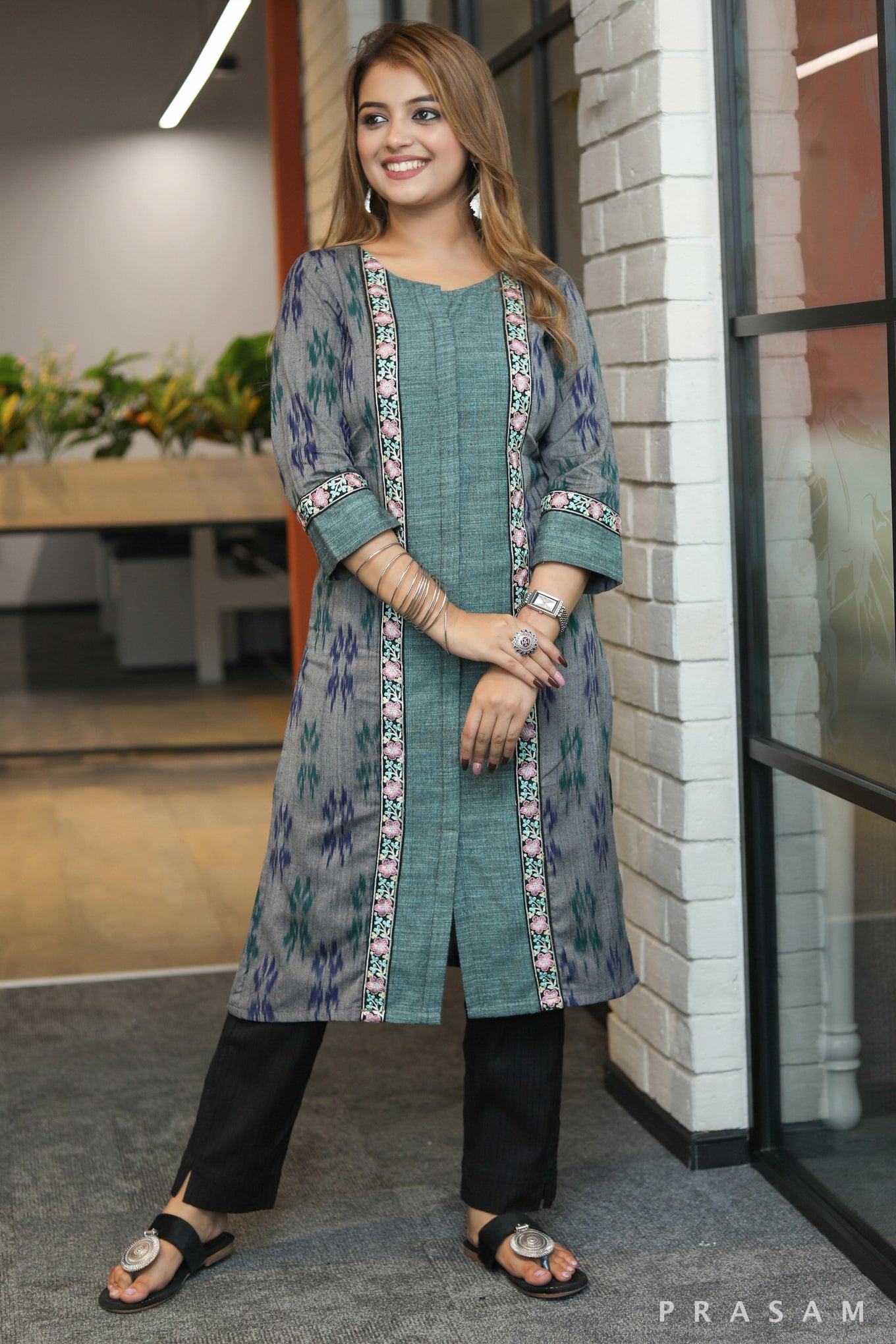 Desi threads designer grey ikat kurti with green handloom & black embroidered lace detail