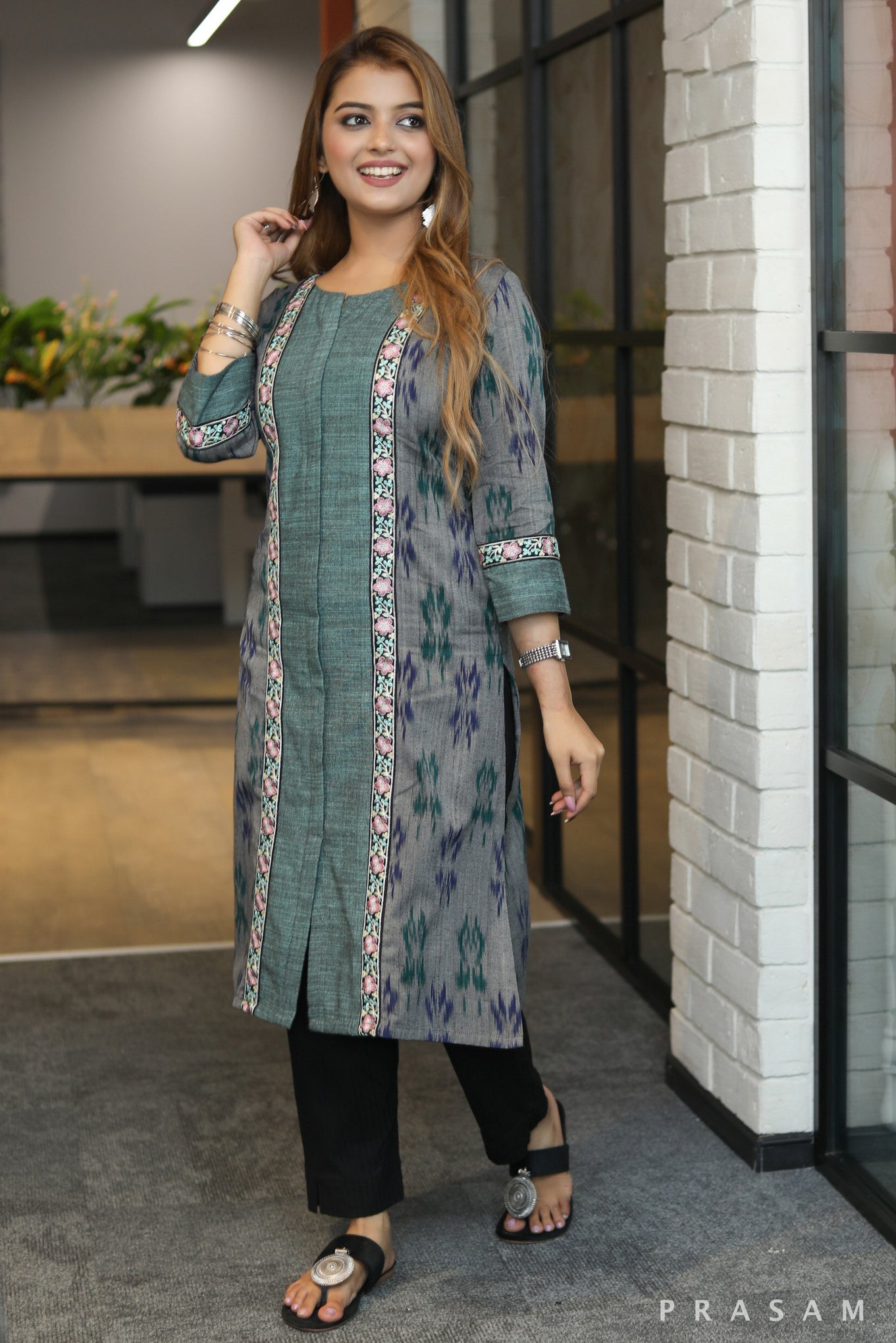 Desi threads designer grey ikat kurti with green handloom & black embroidered lace detail