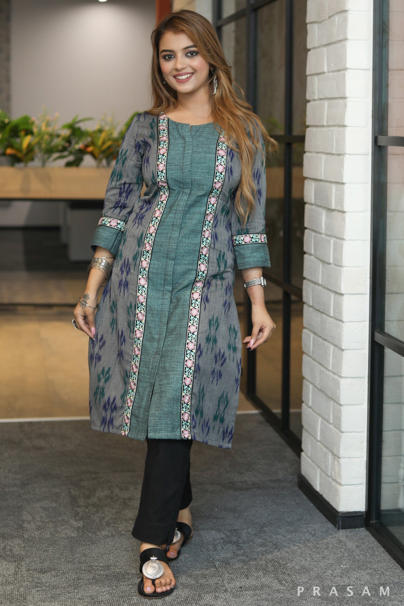 Desi threads designer grey ikat kurti with green handloom & black embroidered lace detail