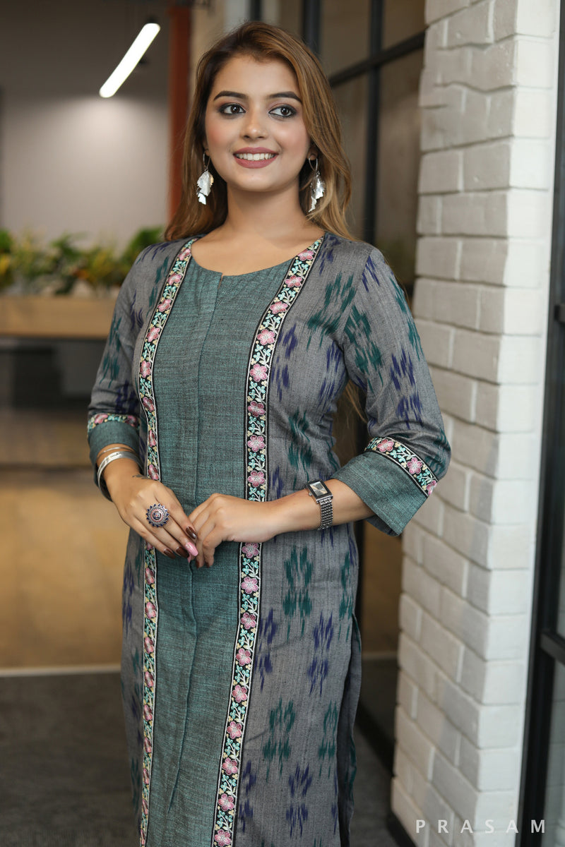 Desi threads designer grey ikat kurti with green handloom & black embroidered lace detail