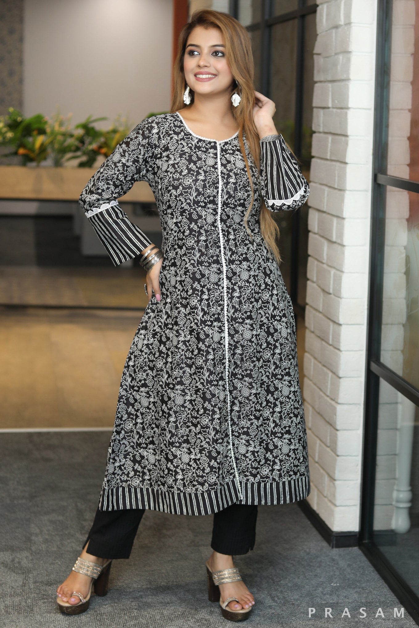 Silk sutra exclusive block printed black chanderi silk kurti with white lace trims