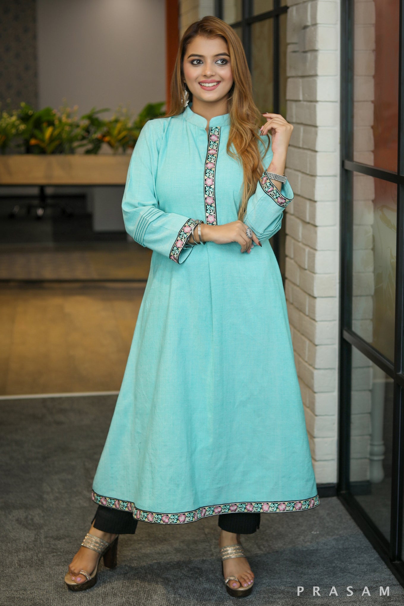 Morning glory handloom A line mint green kurta with embroidered lace trim