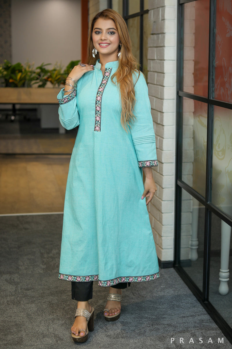 Morning glory handloom A line mint green kurta with embroidered lace trim