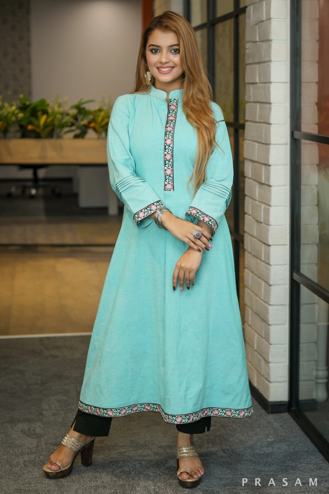 Morning glory handloom A line mint green kurta with embroidered lace trim