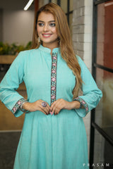 Morning glory handloom A line mint green kurta with embroidered lace trim