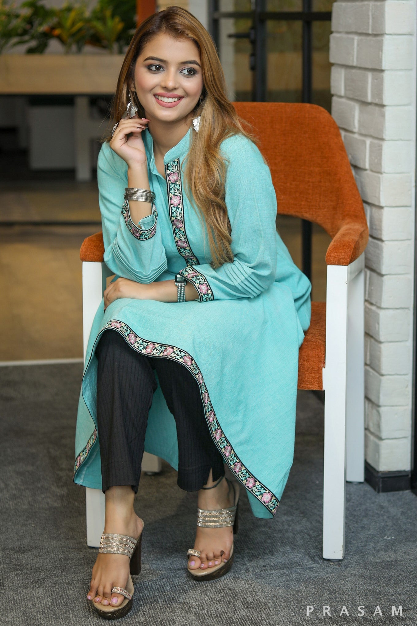 Morning glory handloom A line mint green kurta with embroidered lace trim