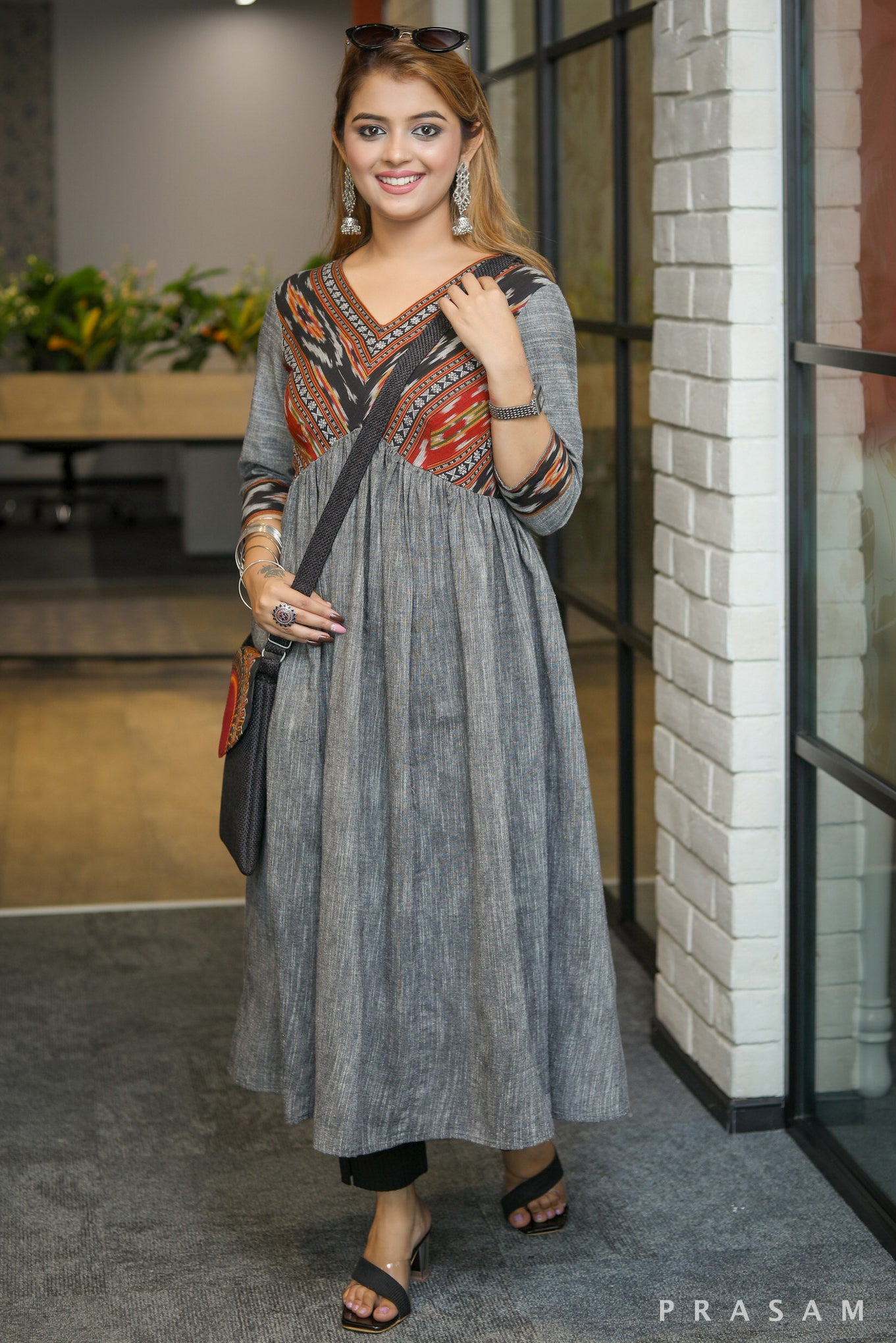 Spandan stylish handloom grey with colorful ikat yoke detail