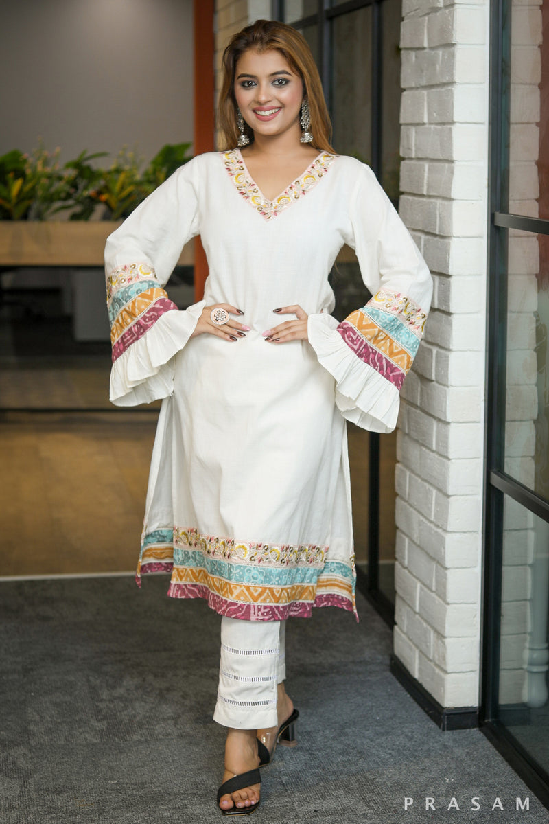 TinkerBell ethnically beautiful ivory kurta set with lace and colorful printed trim details