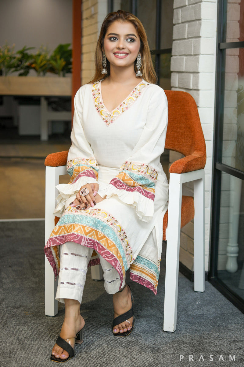 TinkerBell ethnically beautiful ivory kurta set with lace and colorful printed trim details