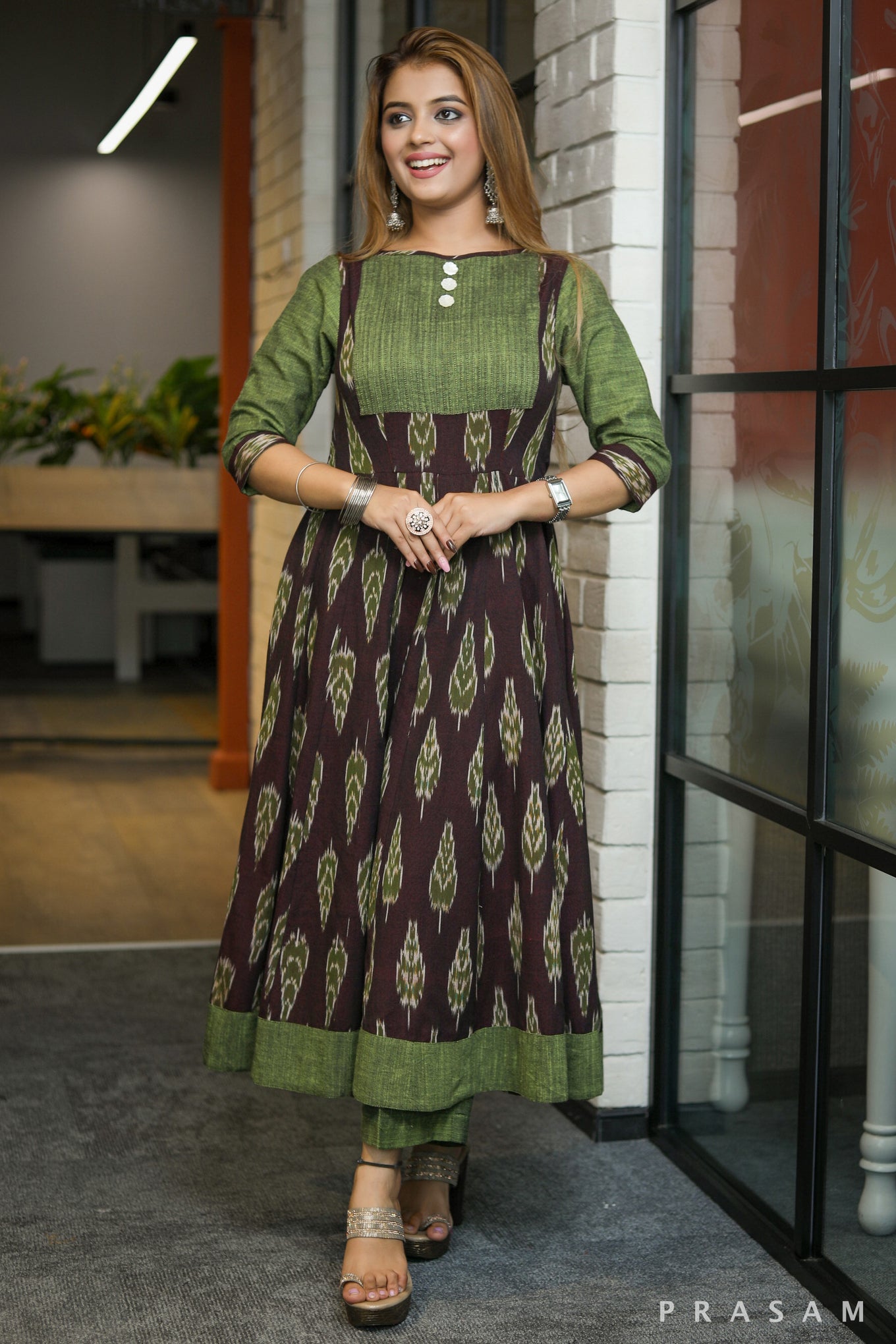 Pehnava Kalidar dark purple ikat kurta with mehandi green handloom trims (Pant Optional)