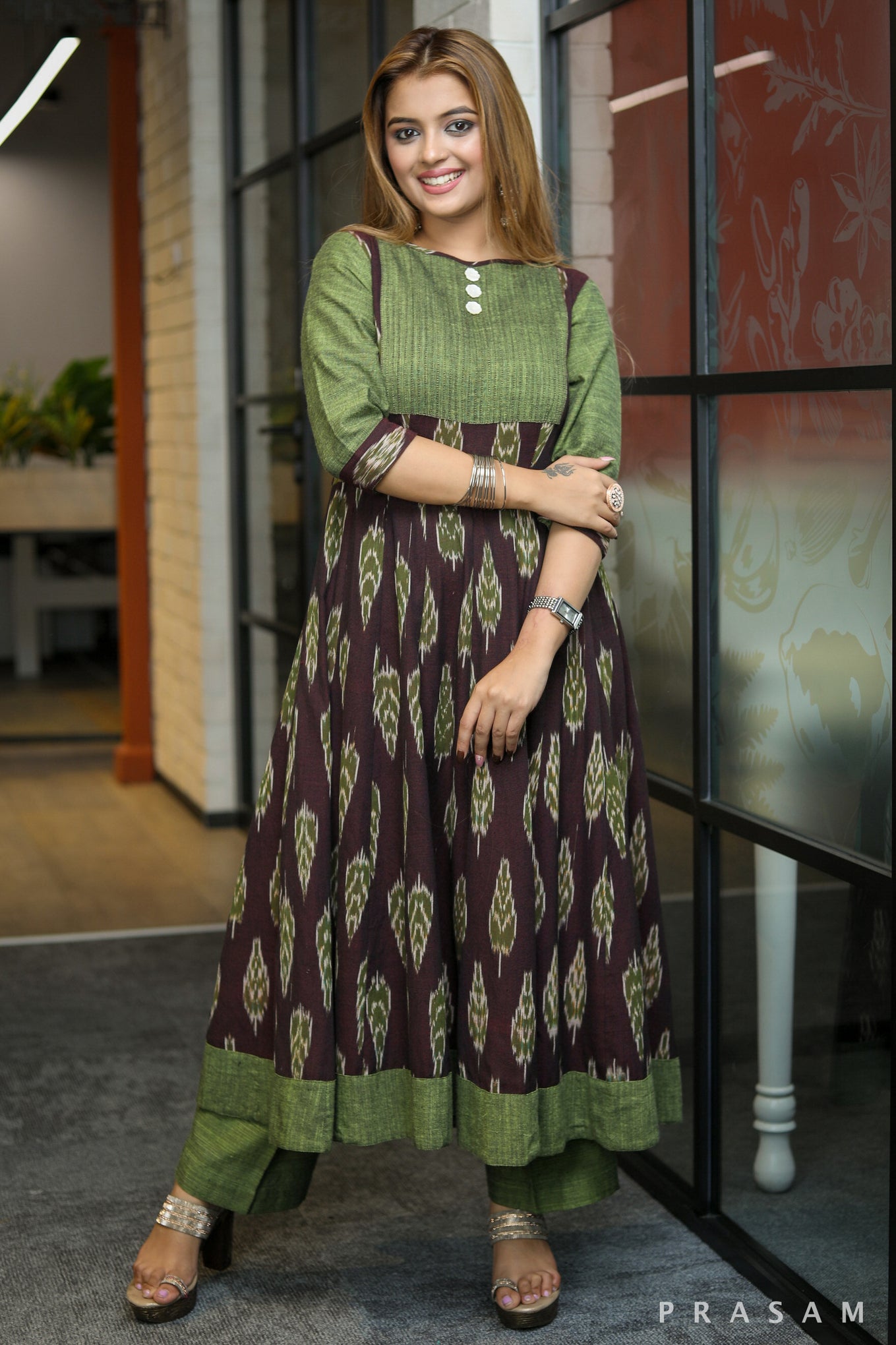 Pehnava Kalidar dark purple ikat kurta with mehandi green handloom trims (Pant Optional)