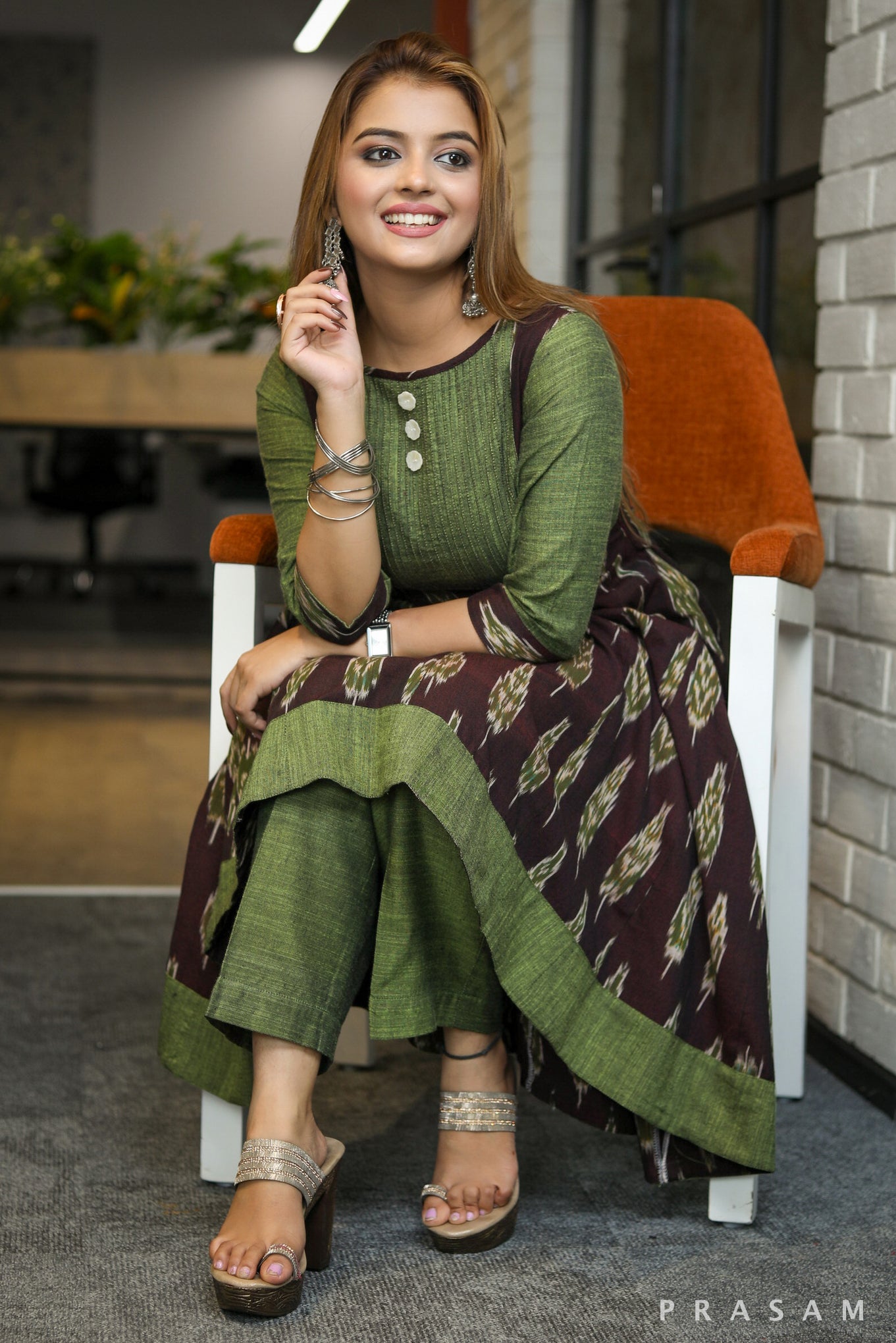 Pehnava Kalidar dark purple ikat kurta with mehandi green handloom trims (Pant Optional)