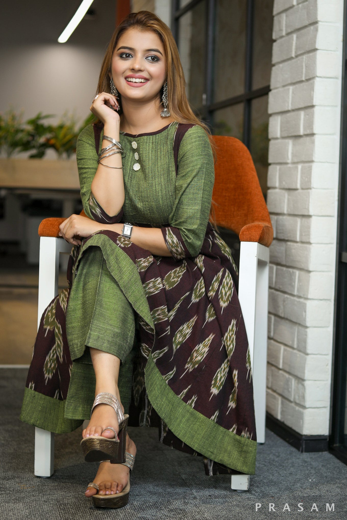 Pehnava Kalidar dark purple ikat kurta with mehandi green handloom trims (Pant Optional)