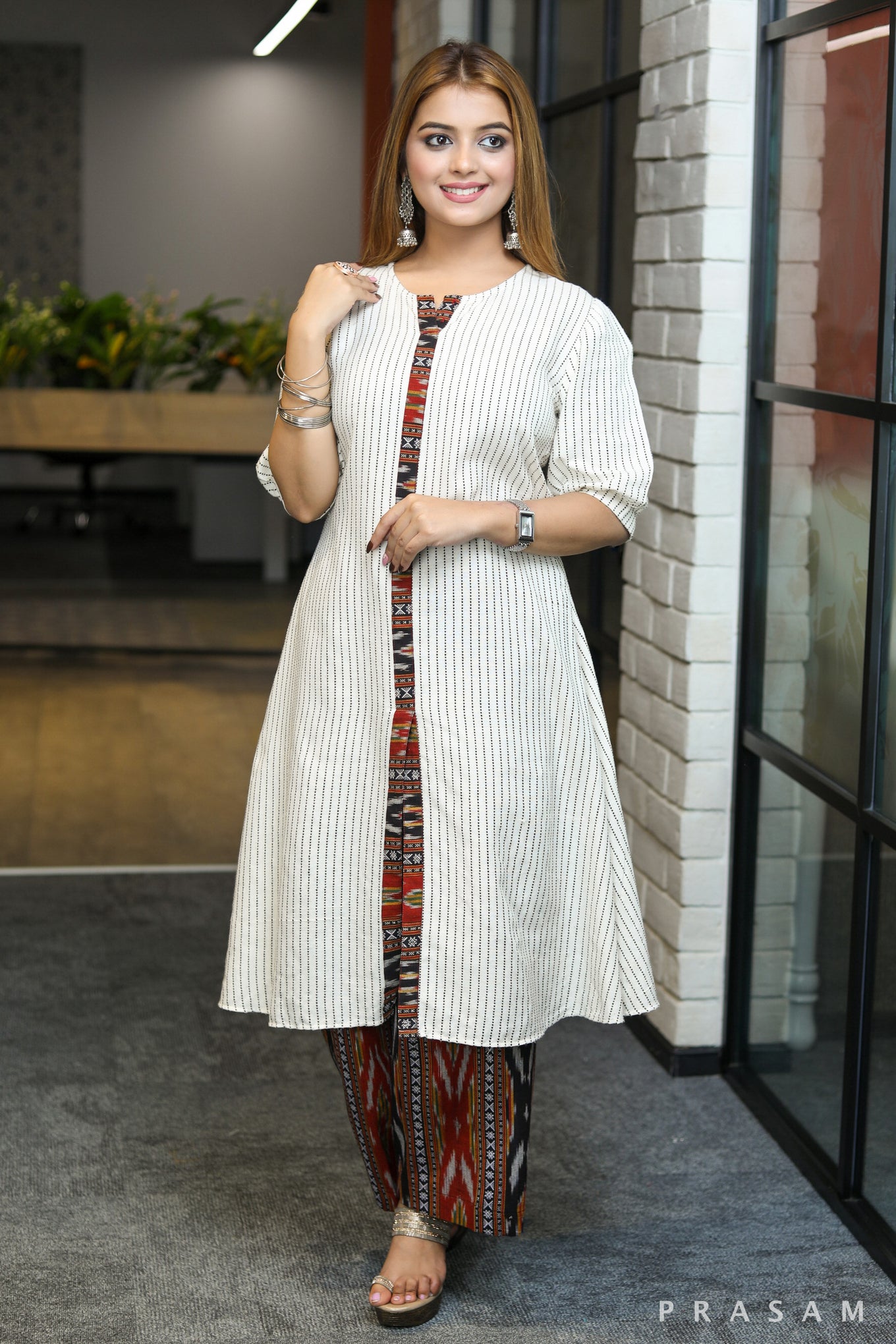 Threads of heritage handloom black & white striped kurta set with ikat detailing