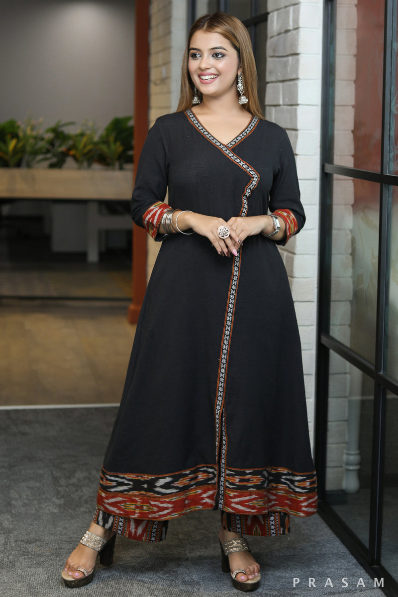 Artful Angrakha style black handloom kurti with ikat trims pant optional