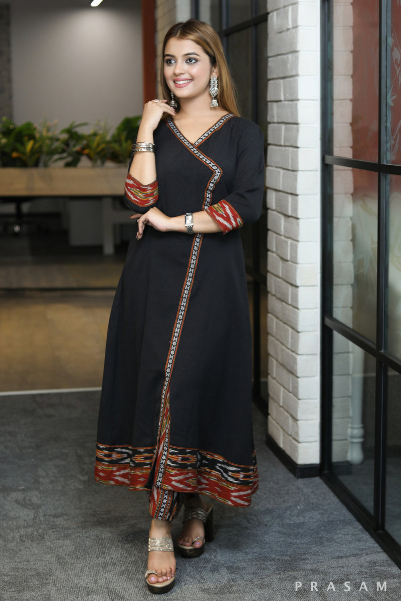 Artful Angrakha style black handloom kurti with ikat trims pant optional