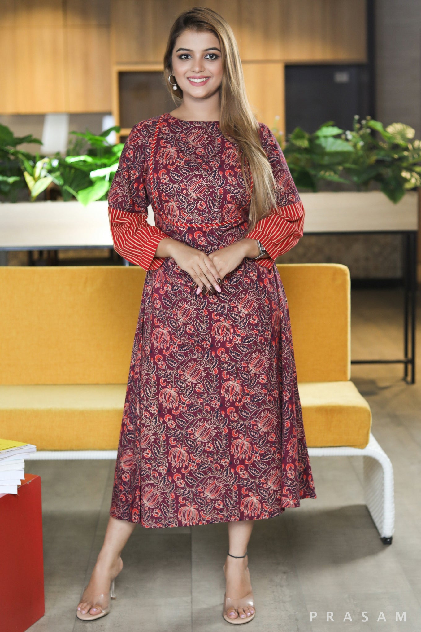 Fashion Flare modern cotton maroon printed dress with striped trim detail