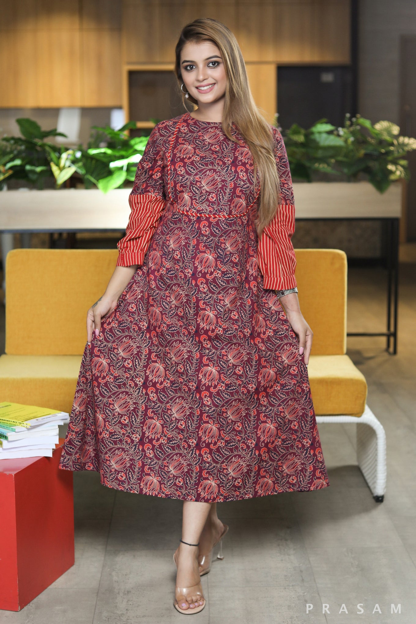 Fashion Flare modern cotton maroon printed dress with striped trim detail