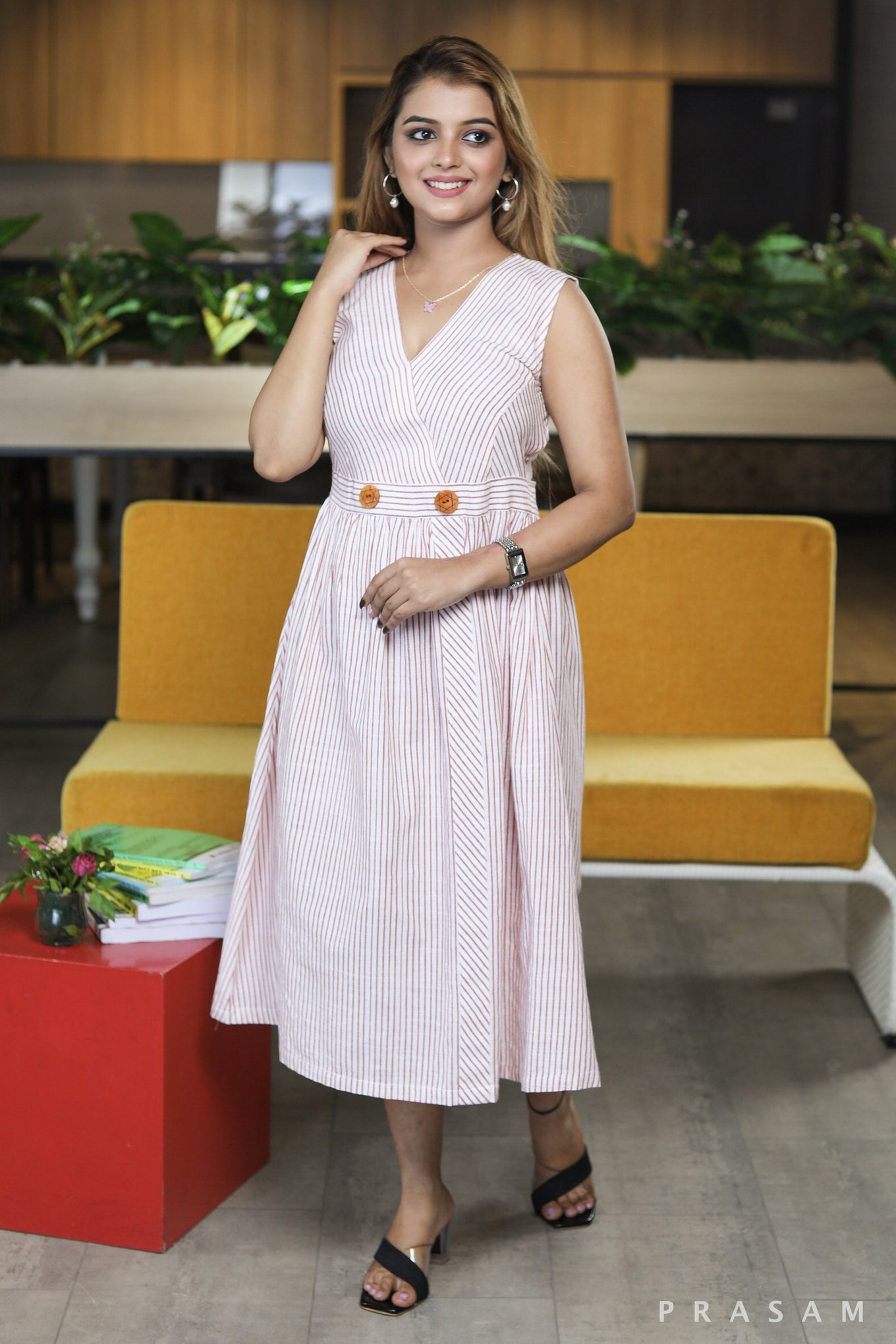 Periwinkle Chic pink & white striped cotton dress with wooden buttons