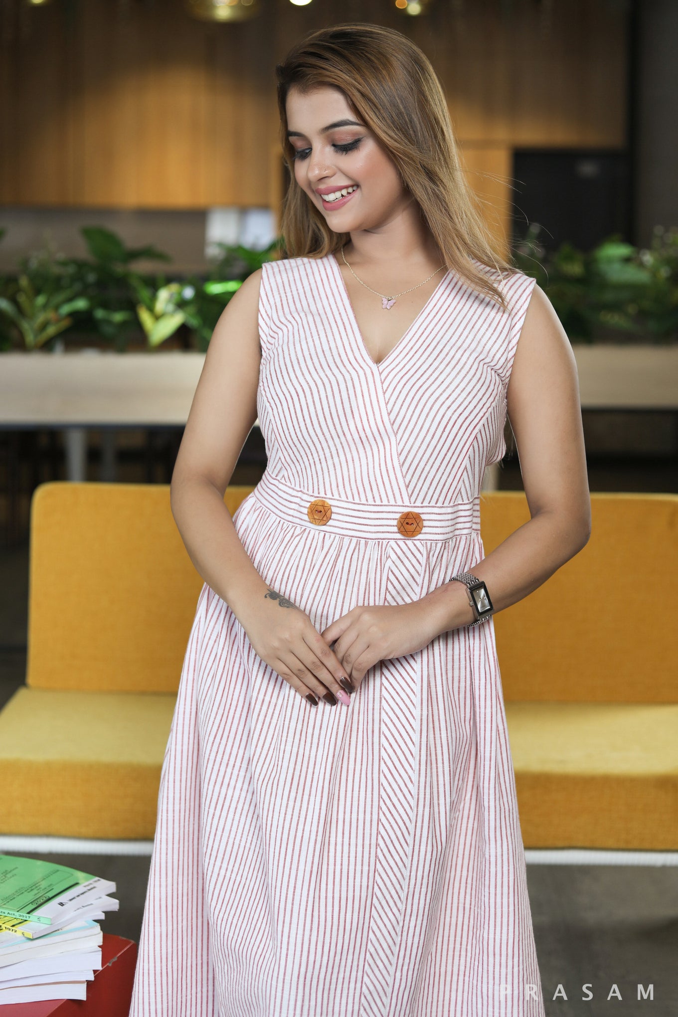 Periwinkle Chic pink & white striped cotton dress with wooden buttons