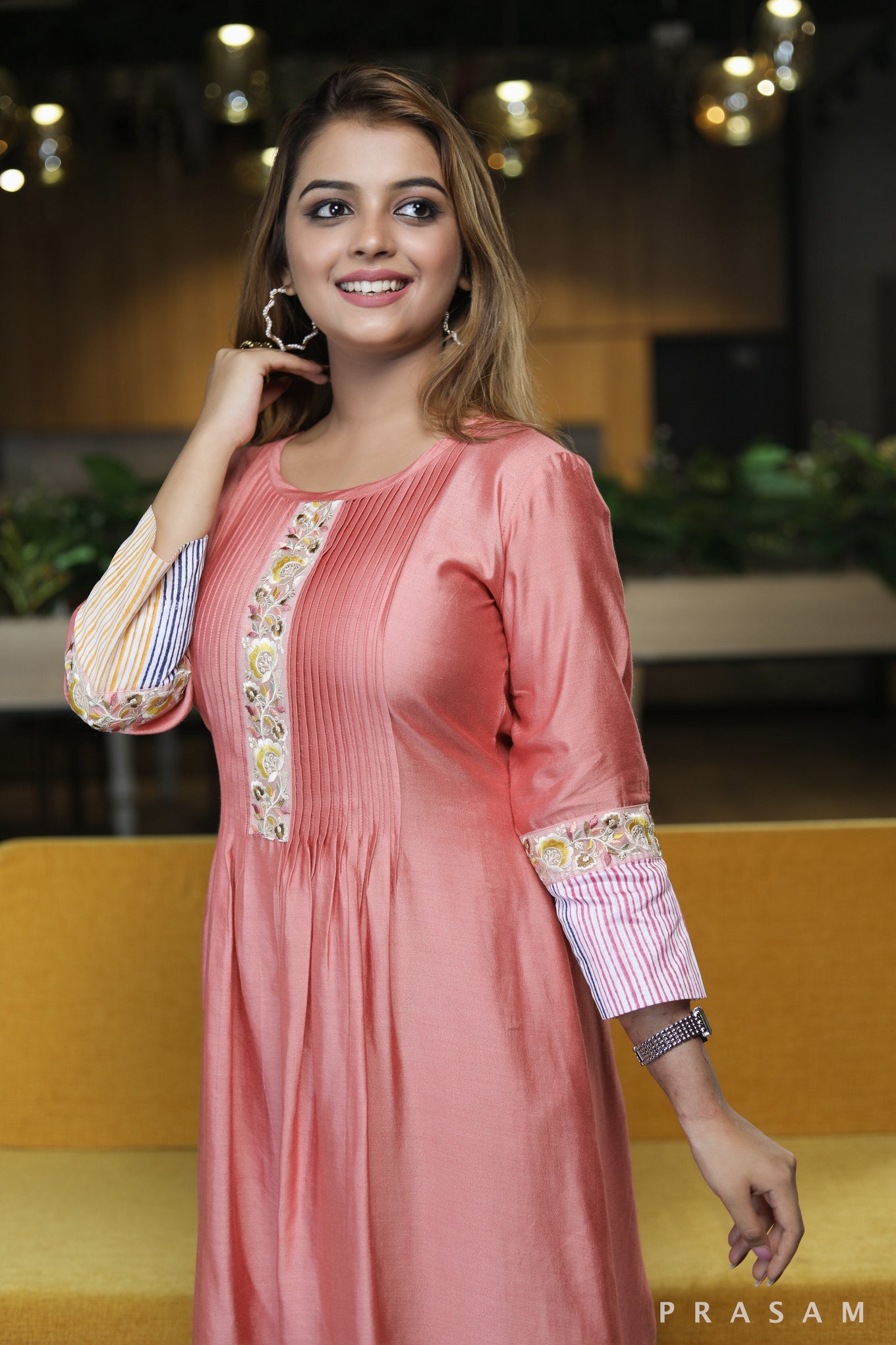 Peachy Lines Classic peach modal silk kurta set with pintucks