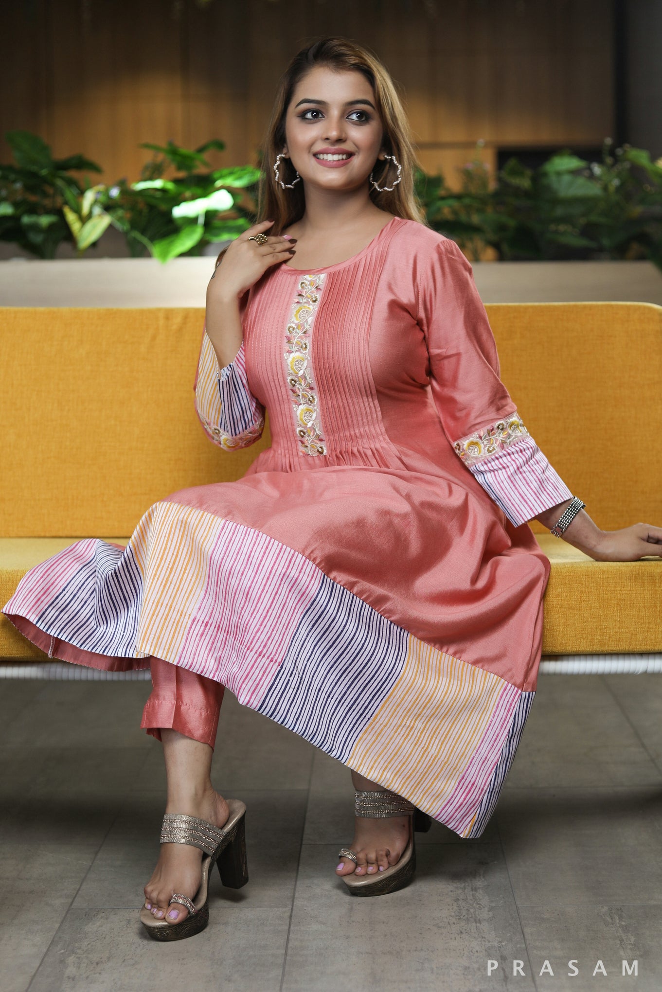 Peachy Lines Classic peach modal silk kurta set with pintucks