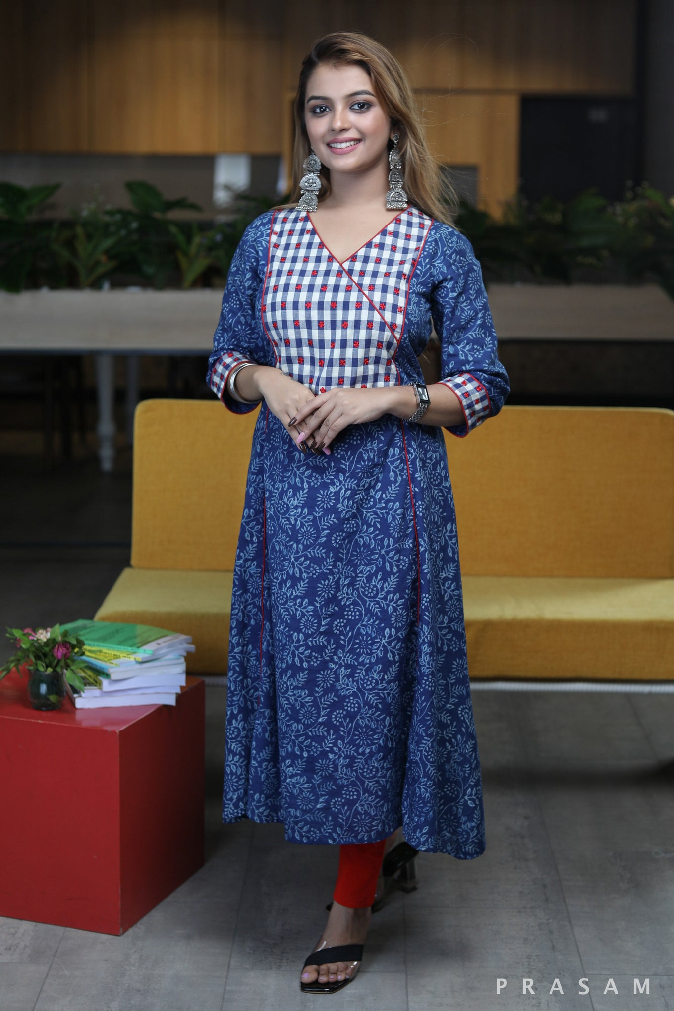 Indigo Passion Smart cotton indigo kurti with checkered yoke