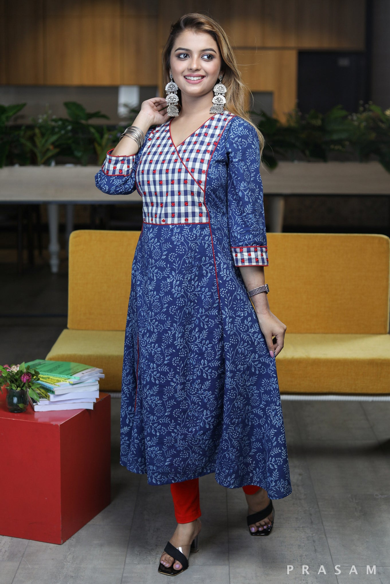 Indigo Passion Smart cotton indigo kurti with checkered yoke