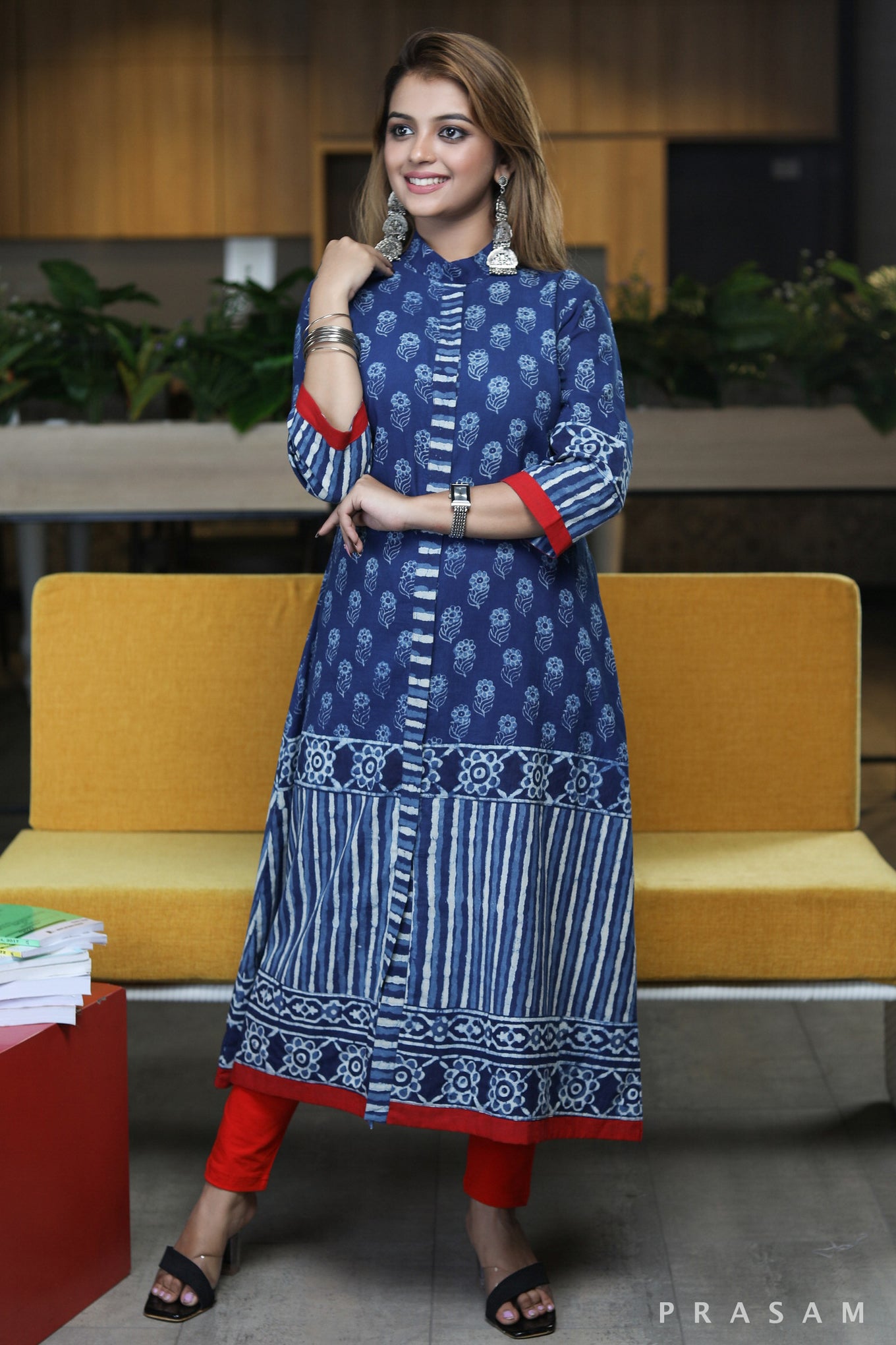 Neel ansh stylish A-line kurta cotton indigo combination prints with red details