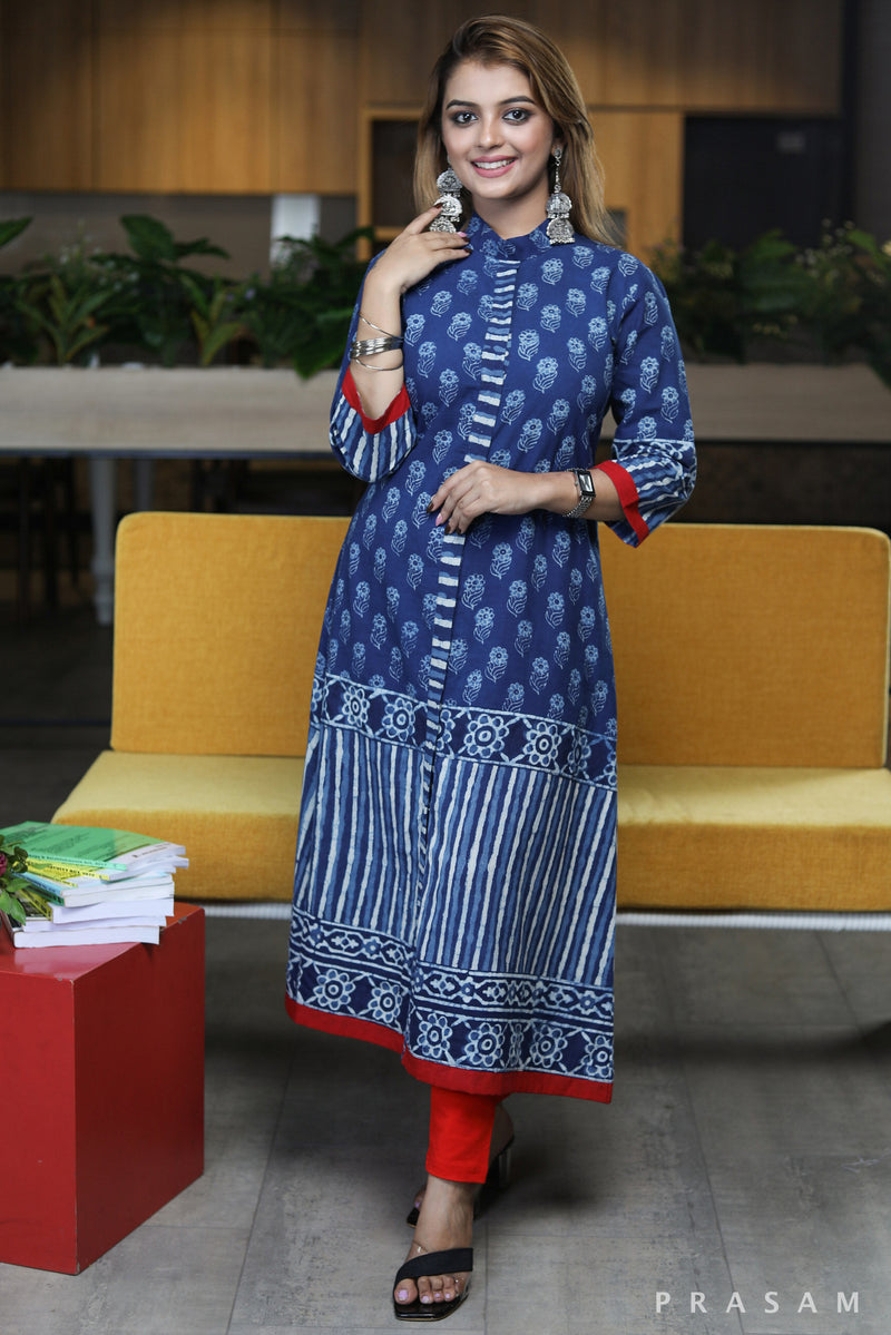 Neel ansh stylish A-line kurta cotton indigo combination prints with red details