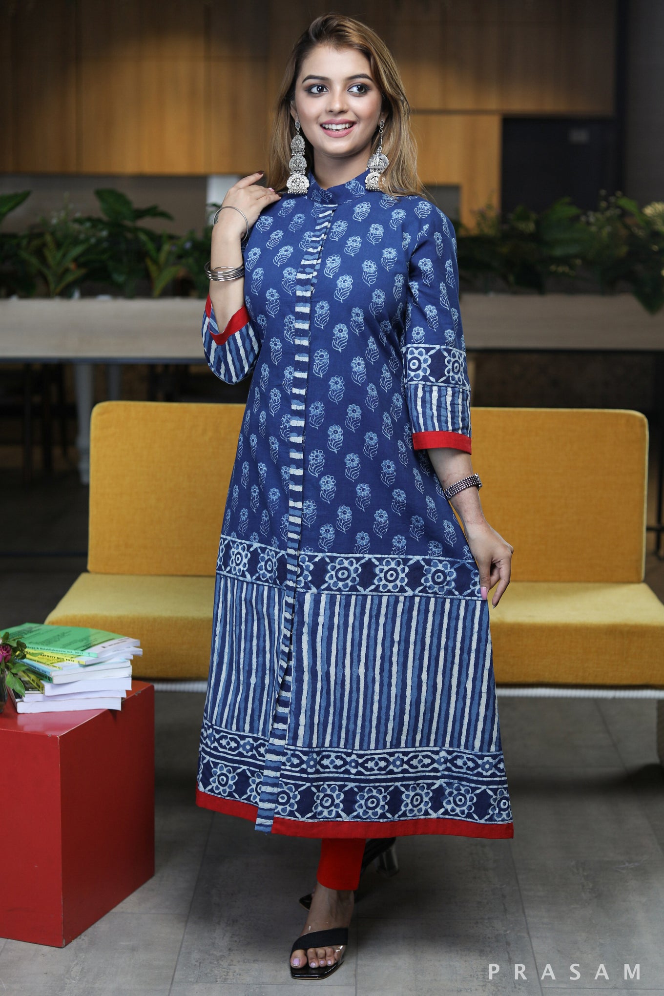 Neel ansh stylish A-line kurta cotton indigo combination prints with red details