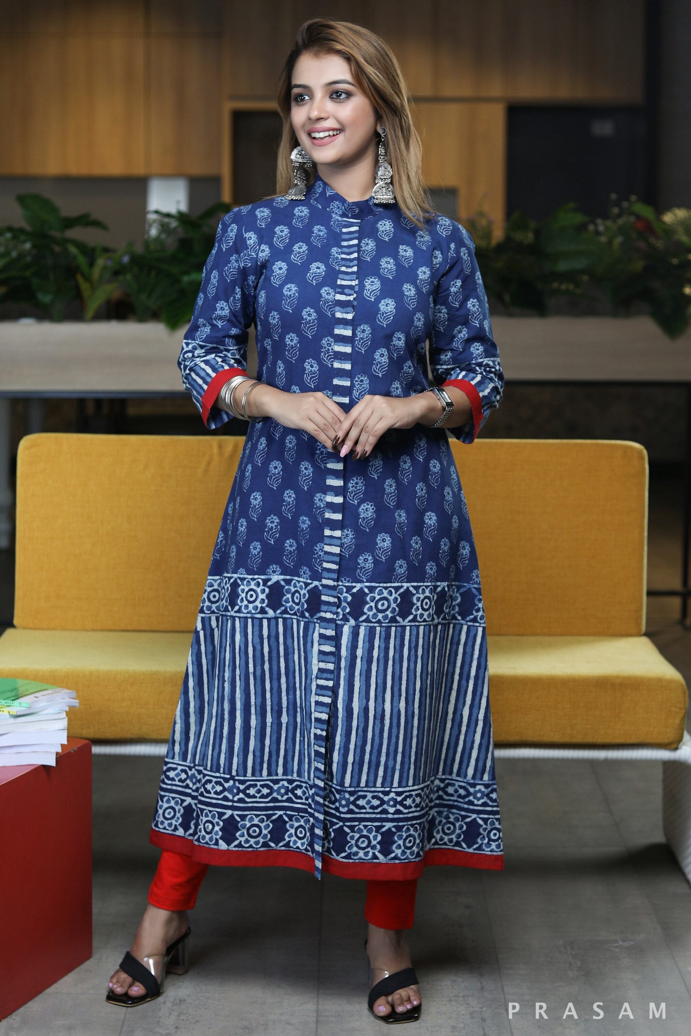 Neel ansh stylish A-line kurta cotton indigo combination prints with red details