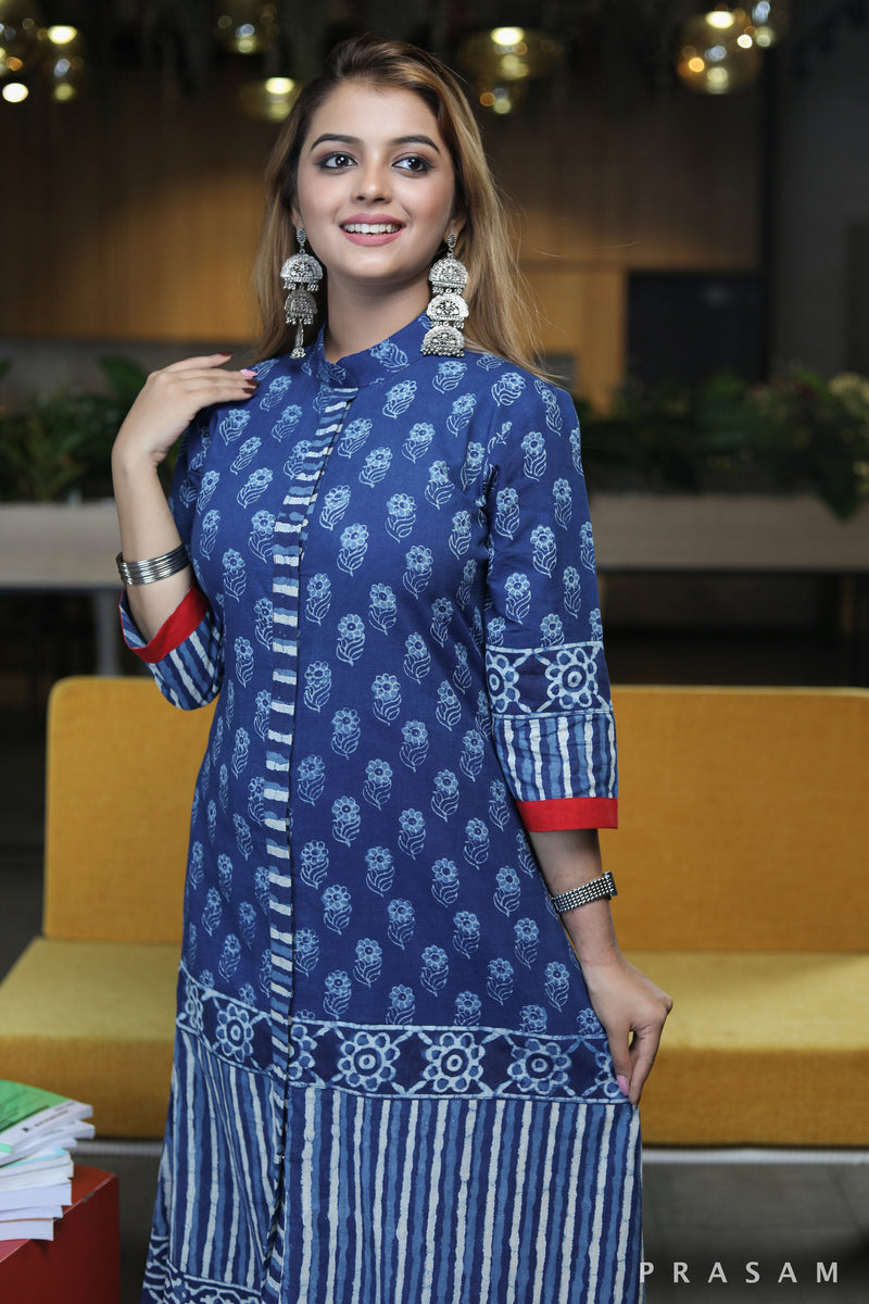 Neel ansh stylish A-line kurta cotton indigo combination prints with red details